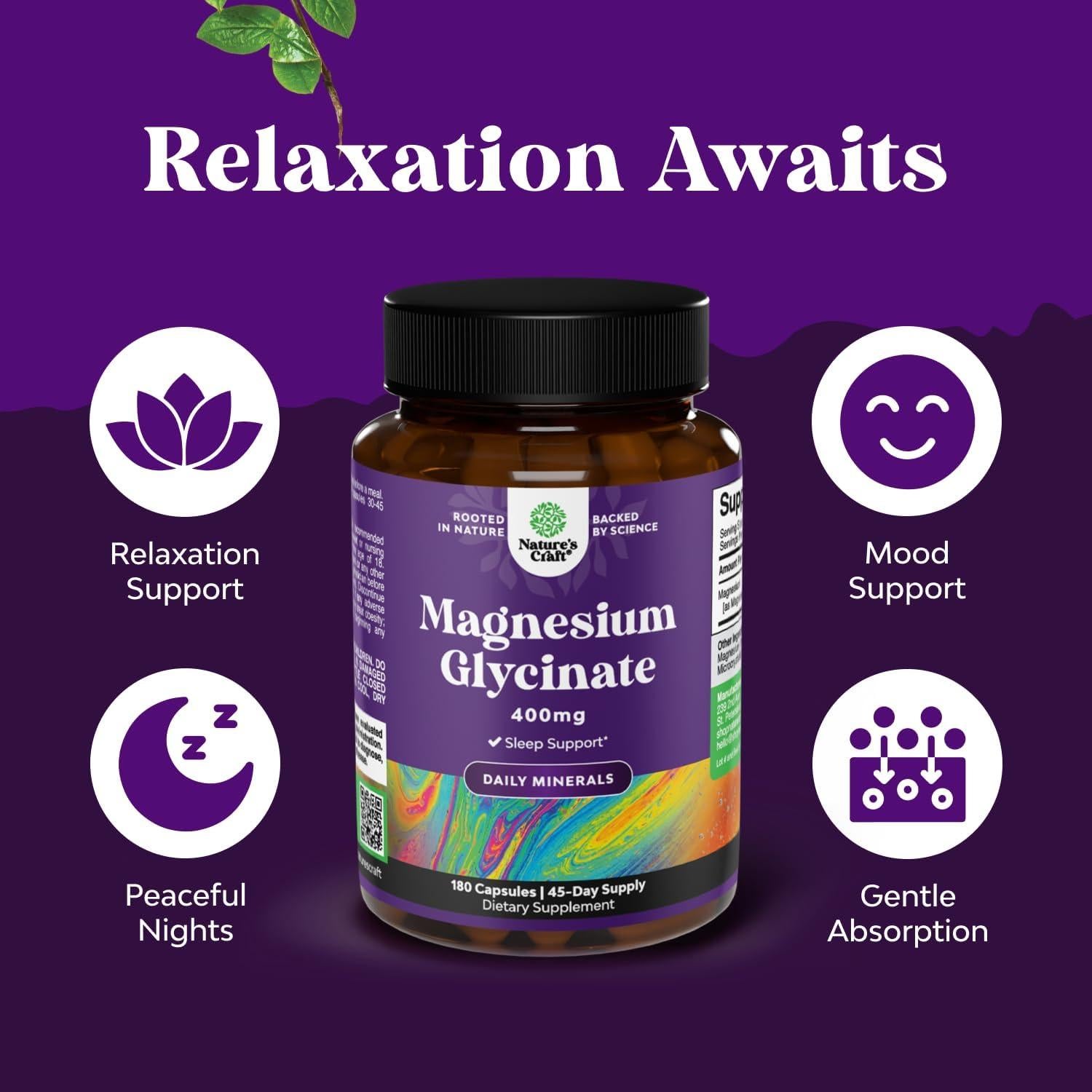 Suplemento de Glicinato de Magnesio Natures Craft 400mg - 180 Cápsulas Veganas