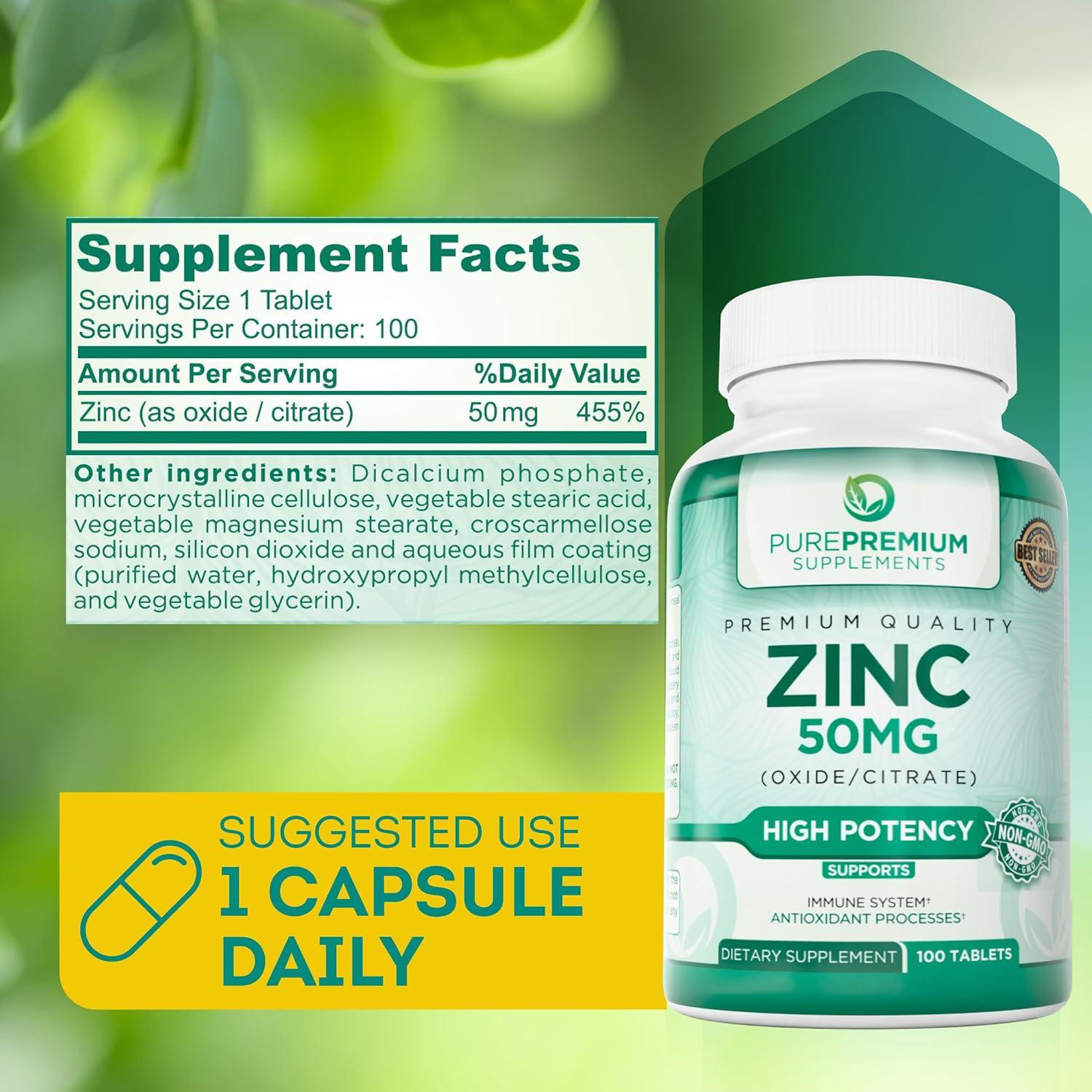 Suplemento de Zinc Natural PurePremium 50mg - 100 Tabletas