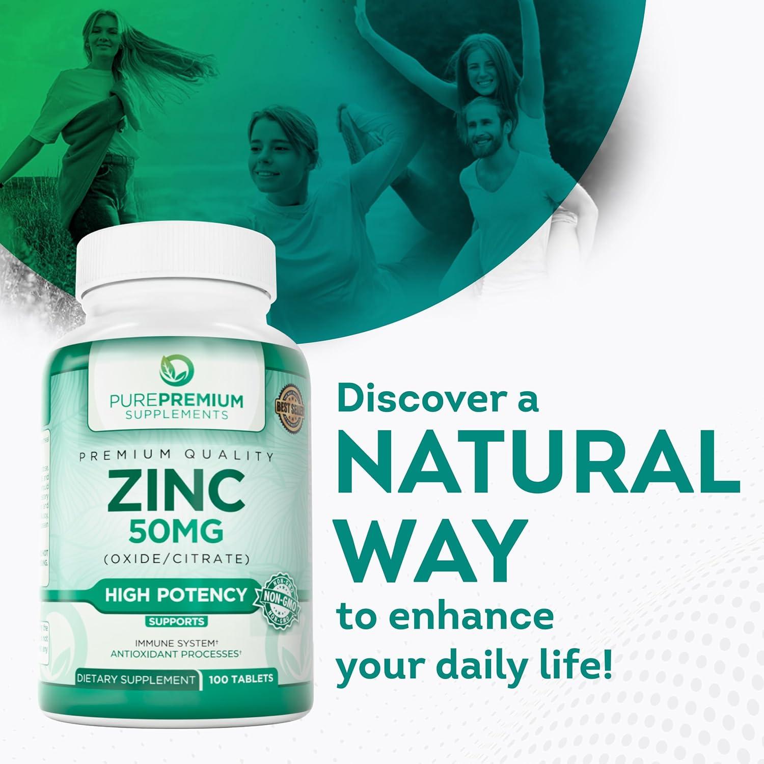 Suplemento de Zinc Natural PurePremium 50mg - 100 Tabletas