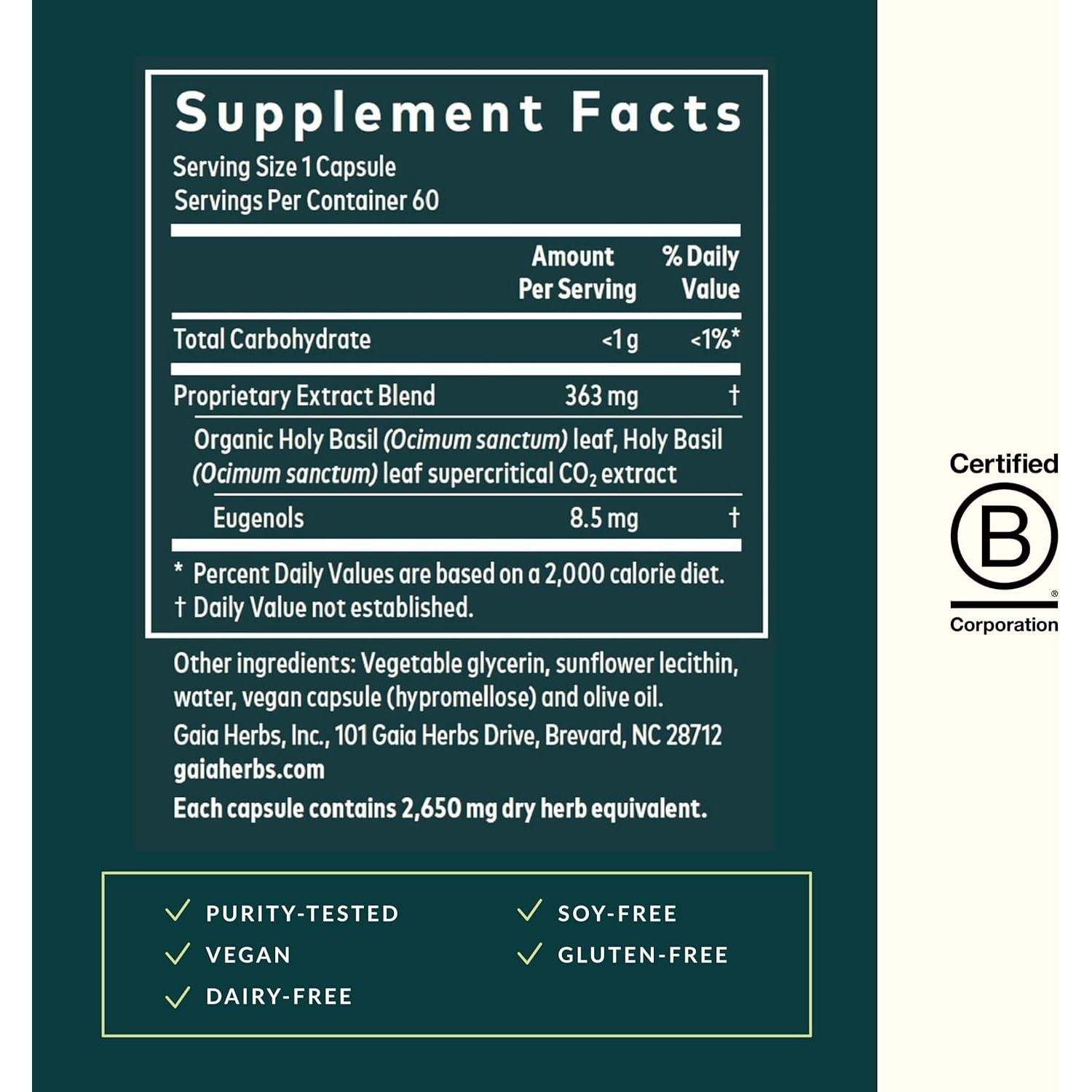 Cápsulas de Albahaca Sagrada Gaia Herbs - 60 Veganas