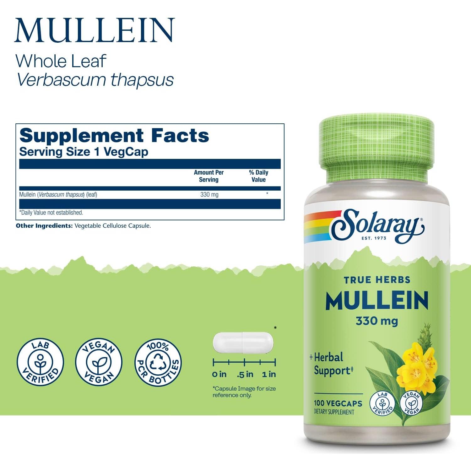 Suplemento Herbal Hoja de Mullein Solaray 330mg 100 VegCaps