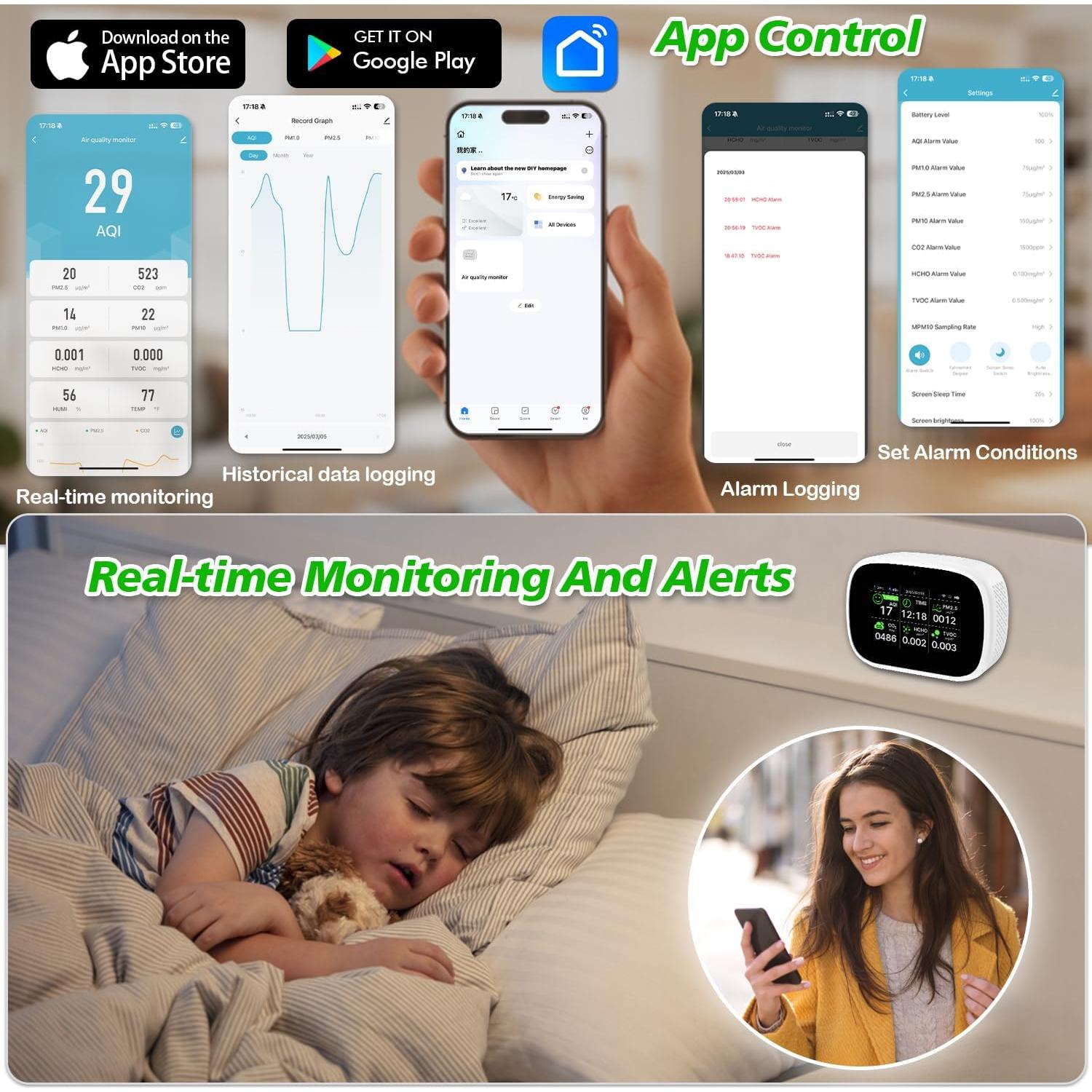 Monitor de Calidad del Aire Bcetasy 18-en-1 WiFi - AQI, CO2, PM2.5