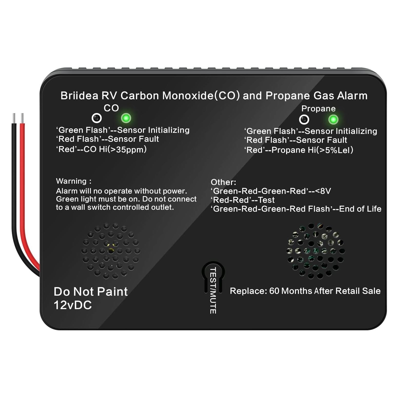 Detector de Monóxido de Carbono y Gas Propano Briidea 12V