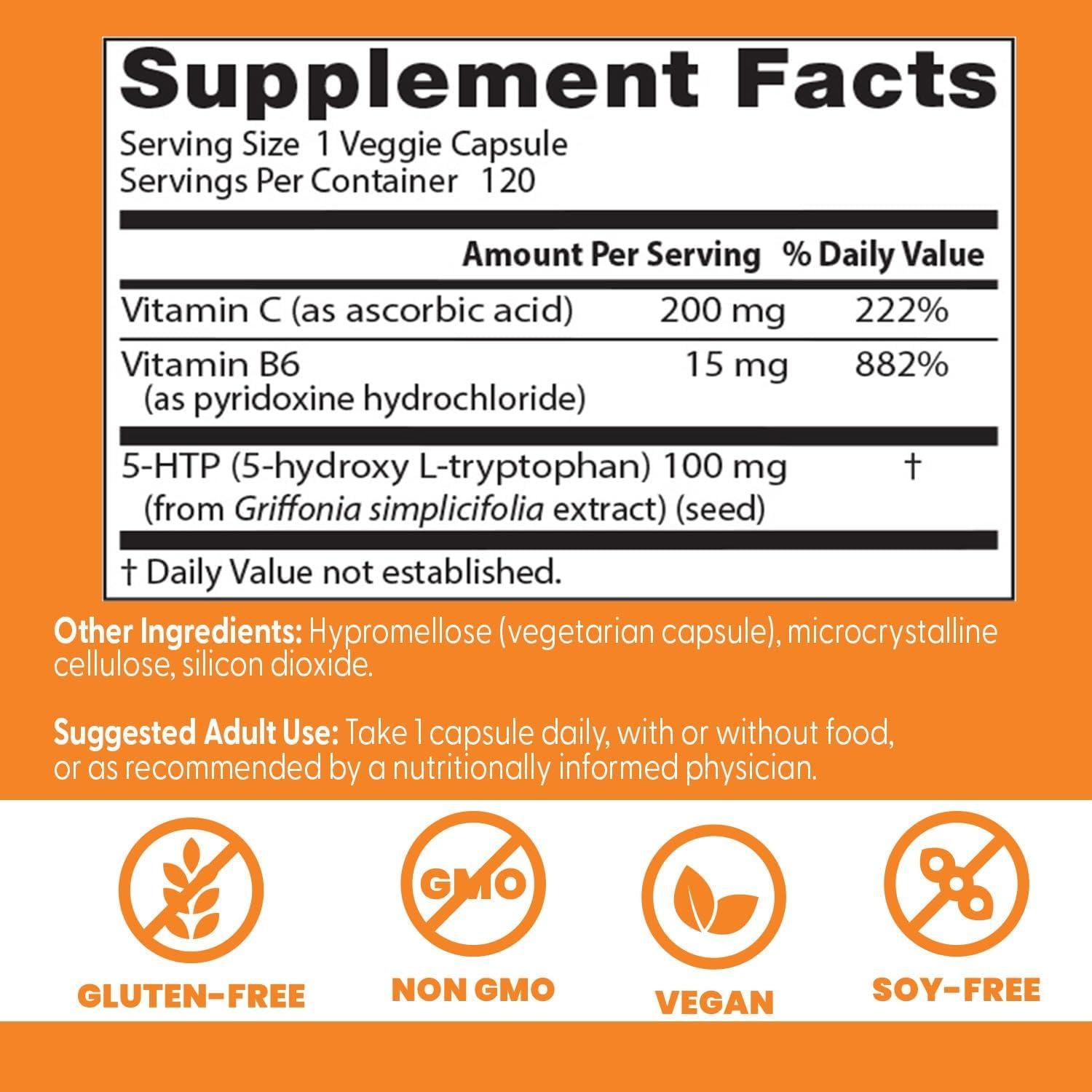 Suplemento 5-HTP Doctor's Best con B6 y C, 120 Cápsulas