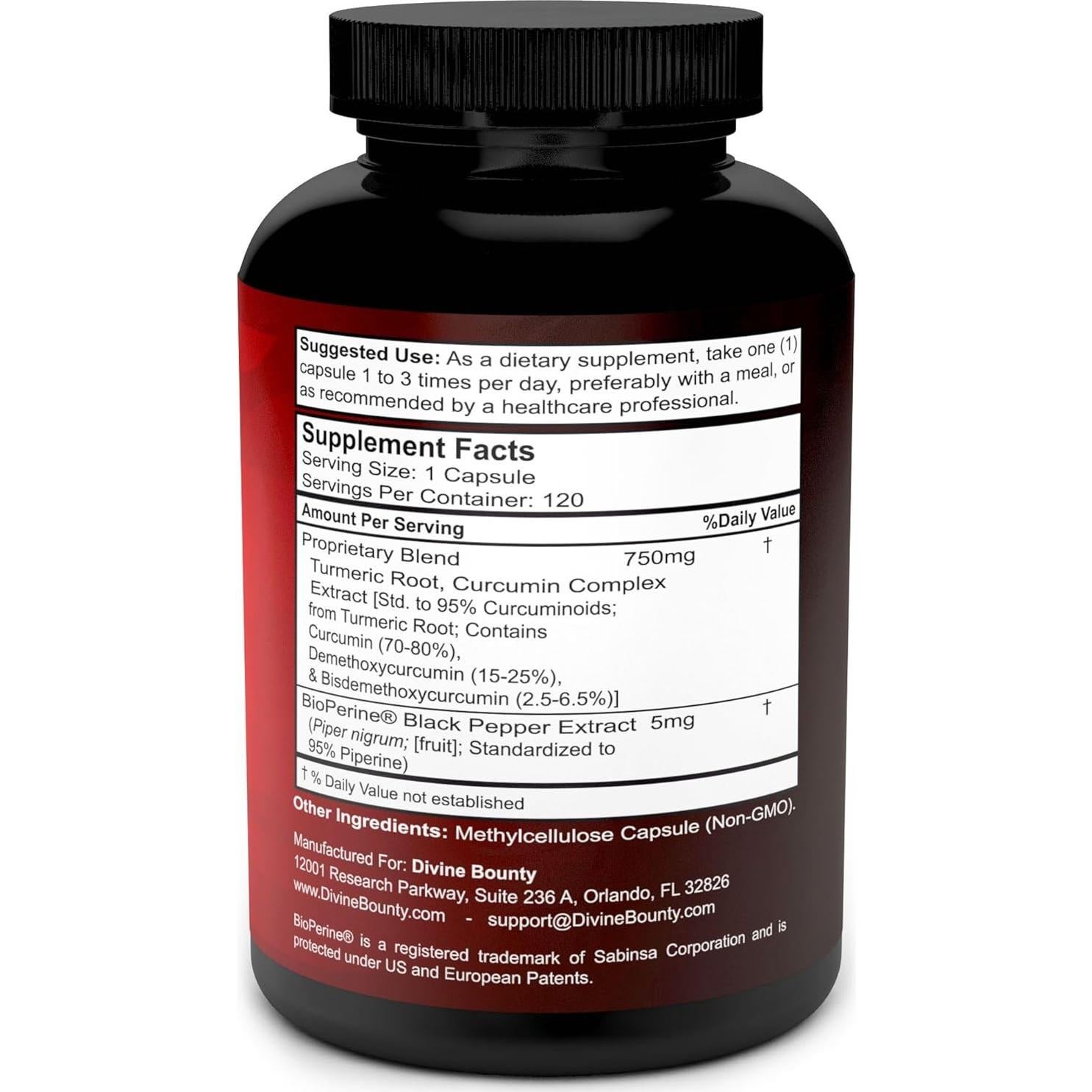 Cápsulas de Cúrcuma Curcumina Divine Bounty 755mg - 120 Veganas