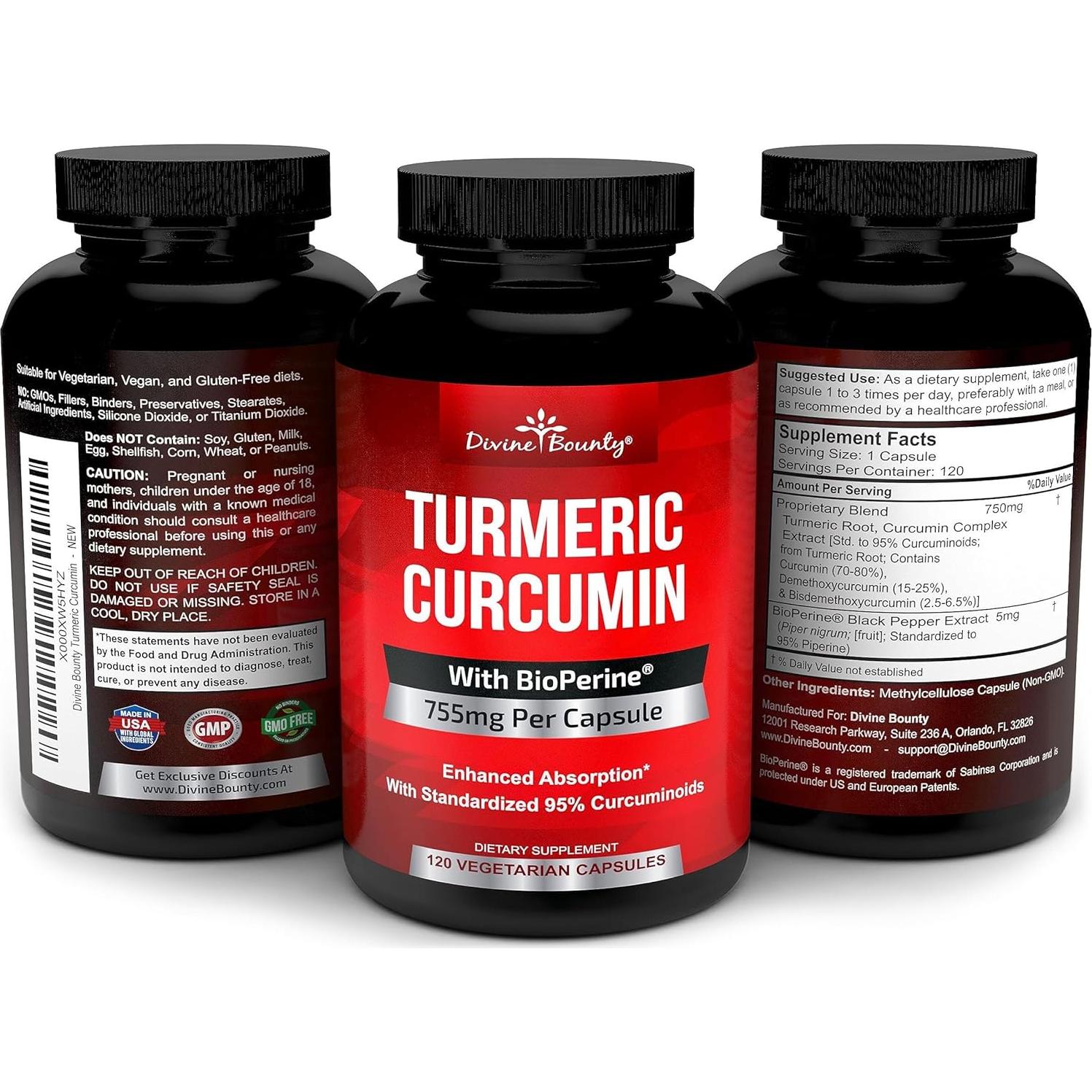 Cápsulas de Cúrcuma Curcumina Divine Bounty 755mg - 120 Veganas