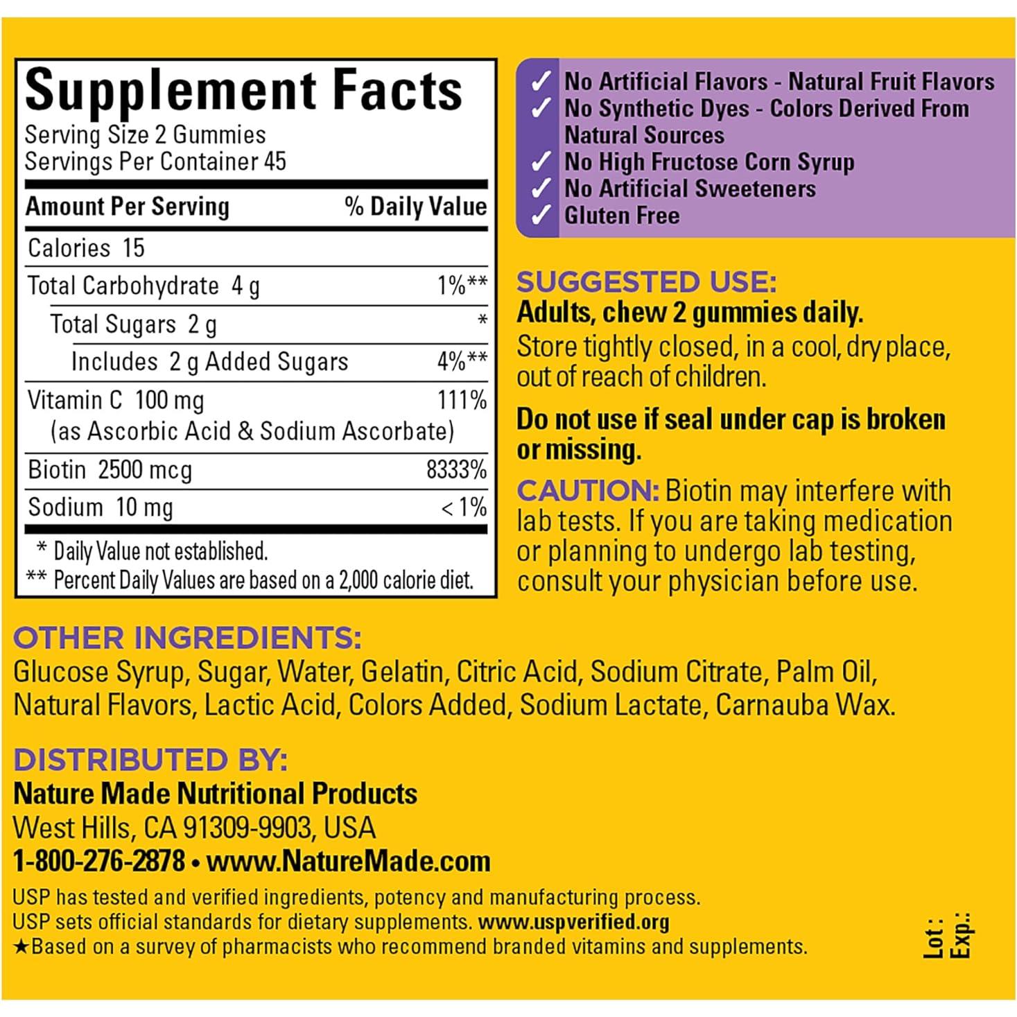 Nature Made Gominolas Biotina 2500 mcg para Cabello, Piel y Uñas - 90 Unidades