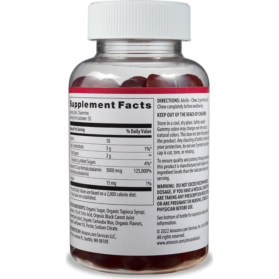 Gomitas de Vitamina B12 3000 mcg Amazon Basics Frambuesa 100 Unidades