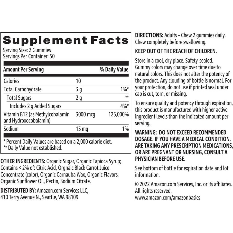 Gomitas de Vitamina B12 3000 mcg Amazon Basics Frambuesa 100 Unidades