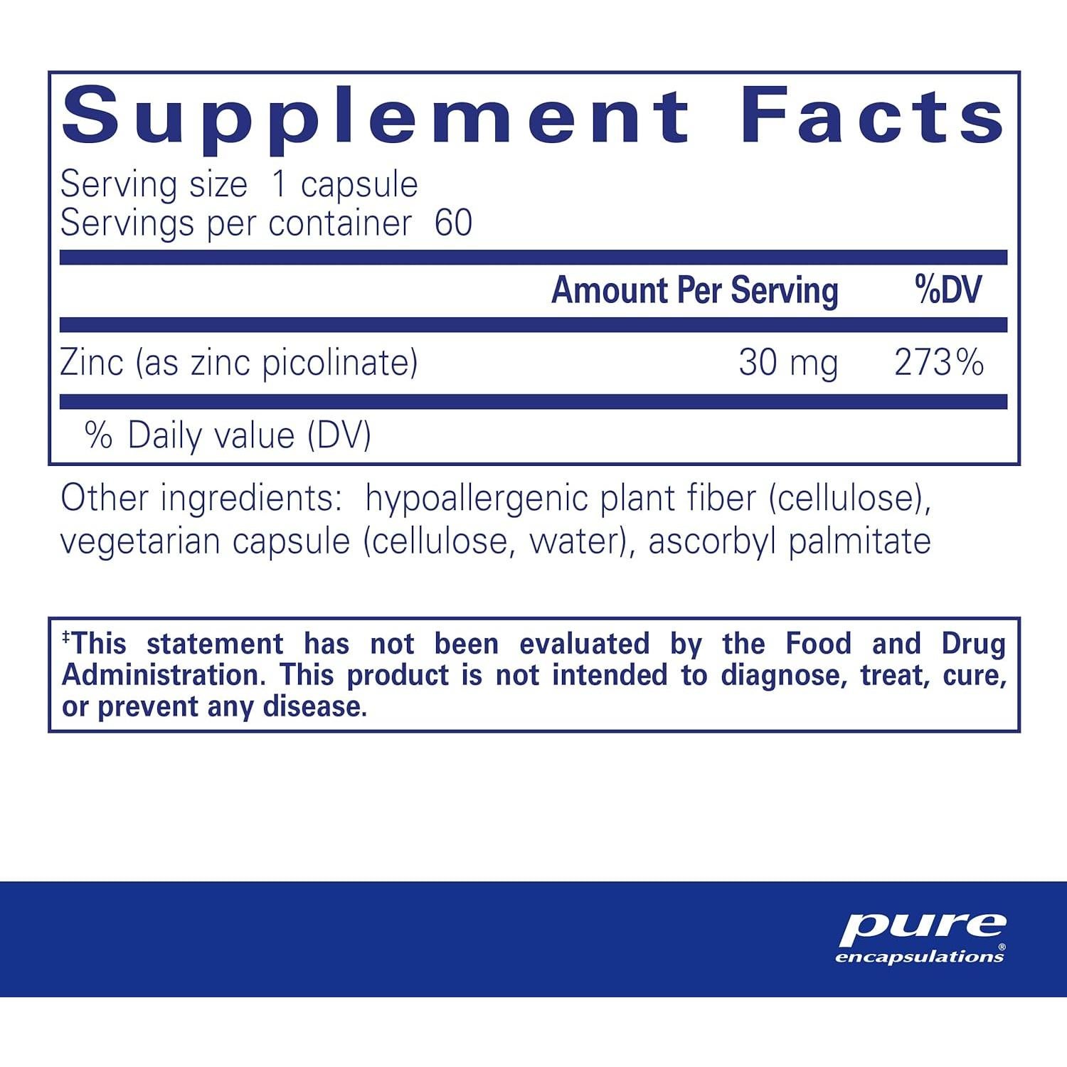 Suplemento de Zinc Picolinato 30 mg Pure Encapsulations 60 Cápsulas