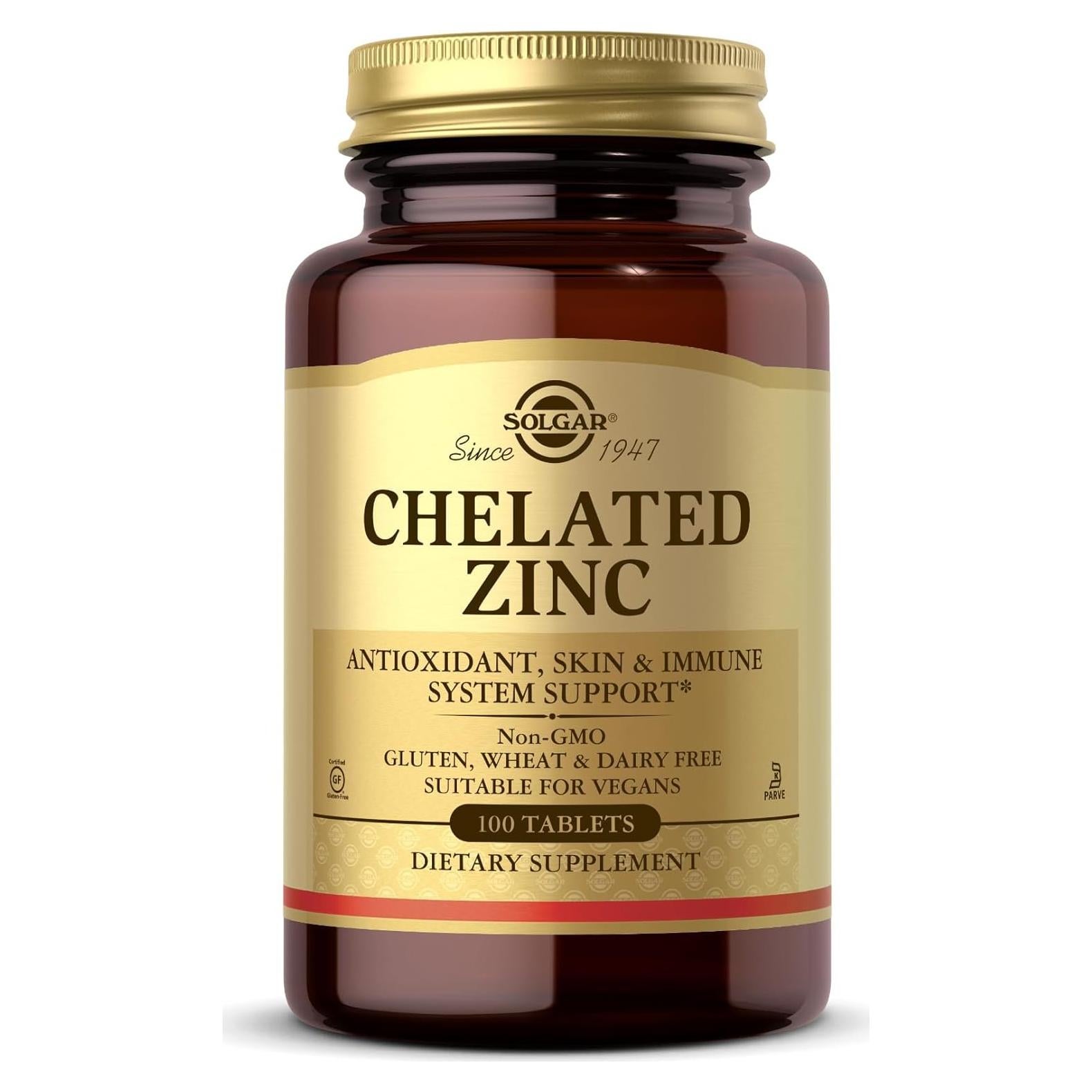 Solgar Zinc Quelado 100 Tabletas - Apoyo Inmunológico y Piel Saludable
