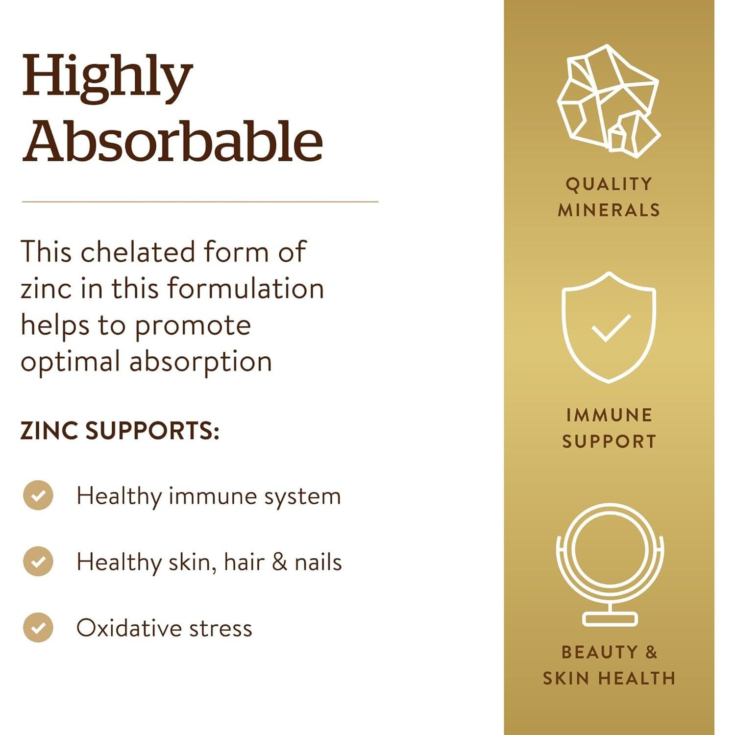 Solgar Zinc Quelado 100 Tabletas - Apoyo Inmunológico y Piel Saludable