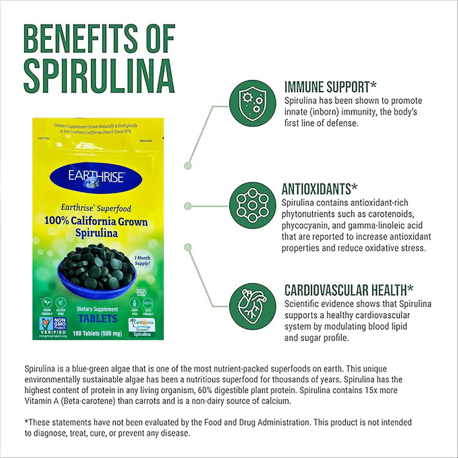 Espirulina 100% Natural Earthrise 500mg 180 Tabletas Veganas