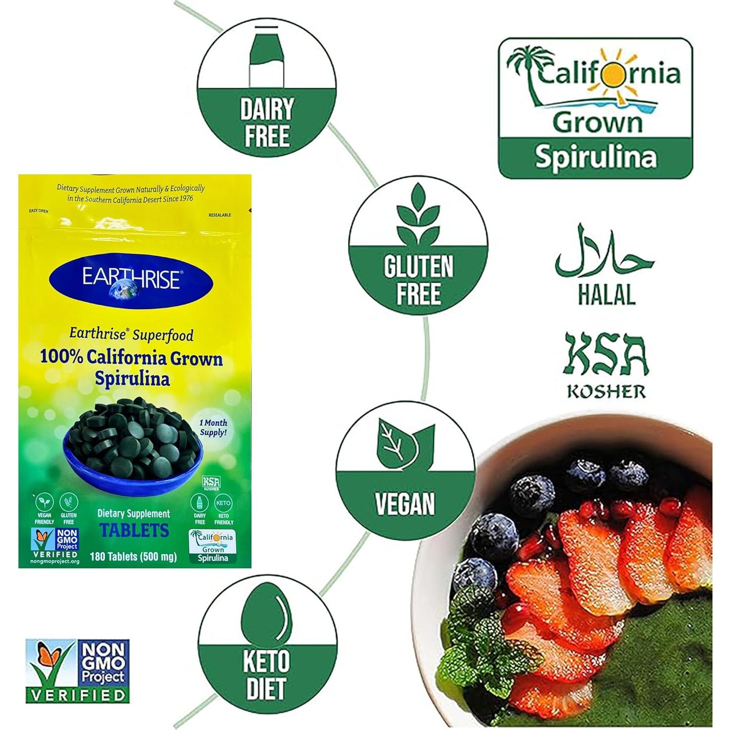 Espirulina 100% Natural Earthrise 500mg 180 Tabletas Veganas