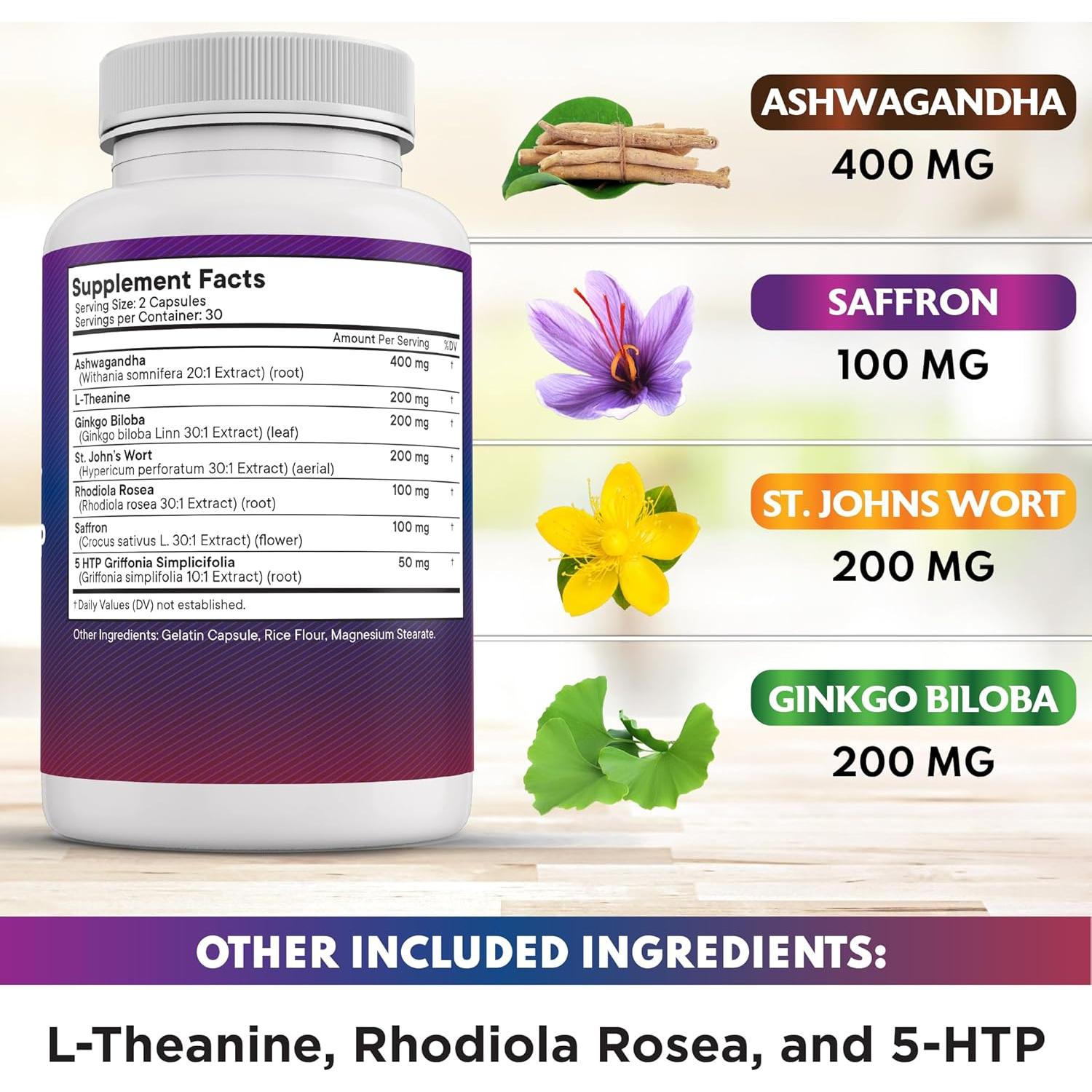 Suplemento de Azafrán NEW AGE 60 Cápsulas - Con Ashwagandha y Ginkgo Biloba