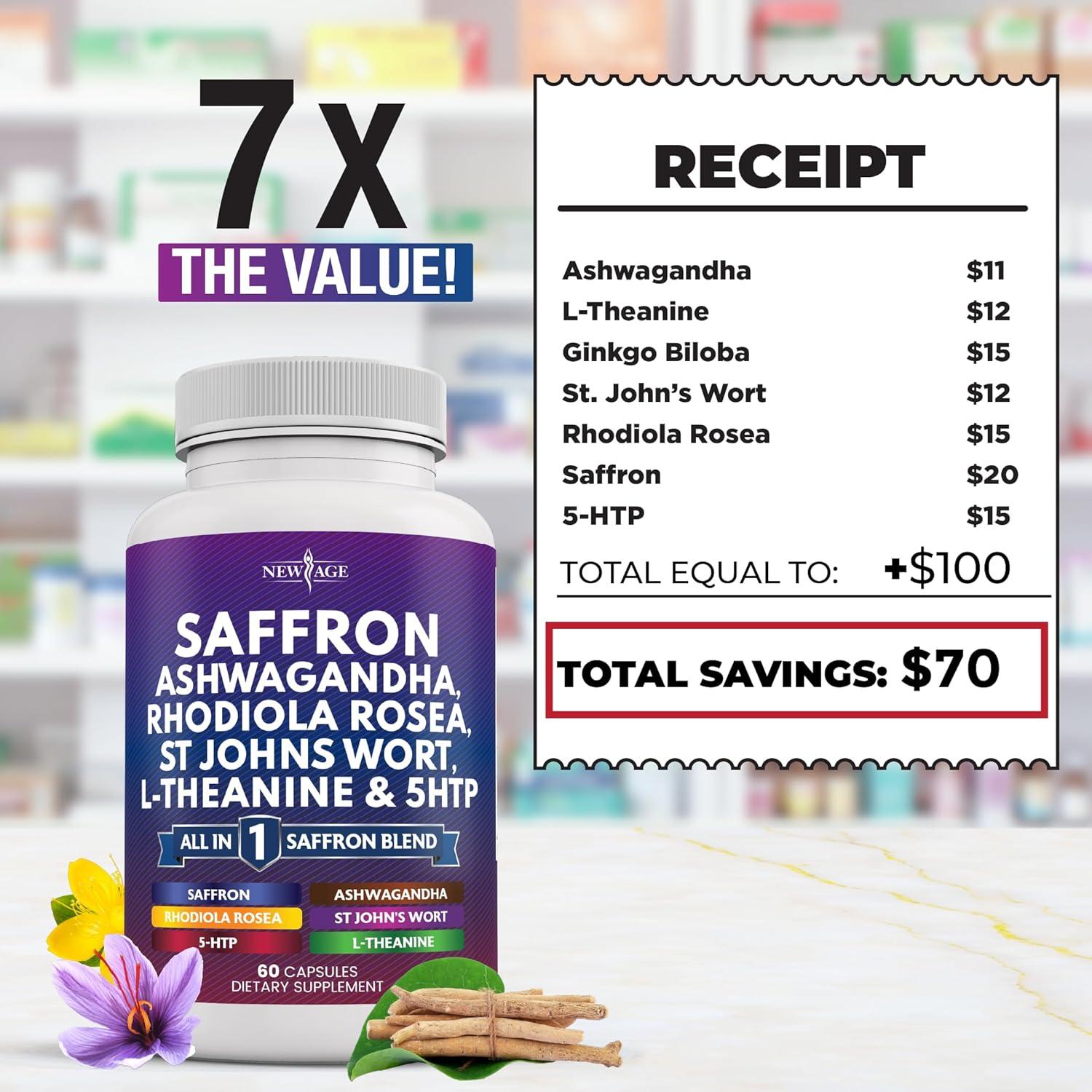 Suplemento de Azafrán NEW AGE 60 Cápsulas - Con Ashwagandha y Ginkgo Biloba