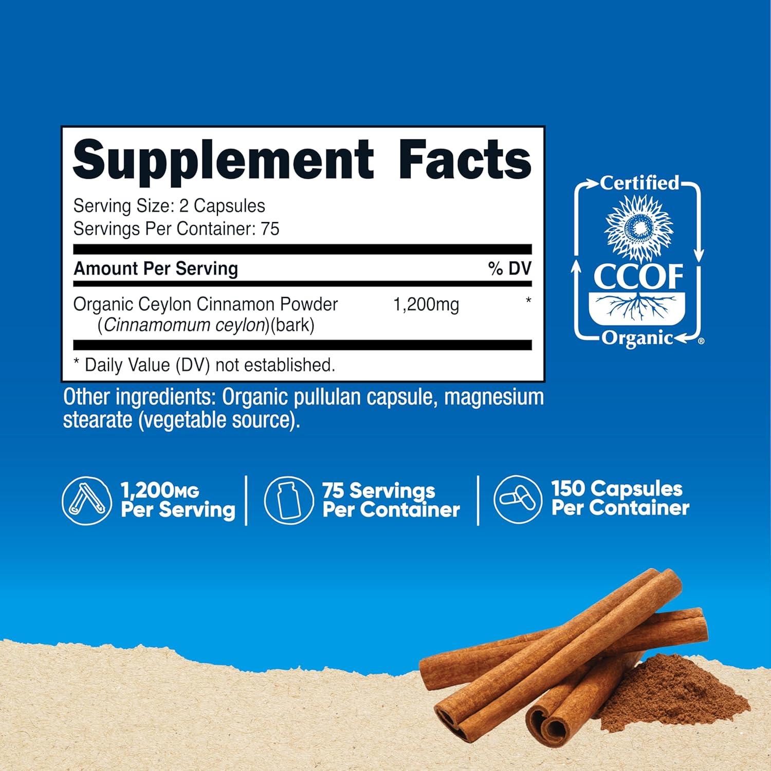Suplemento de Canela Orgánica Nutricost 1200mg 150 Cápsulas