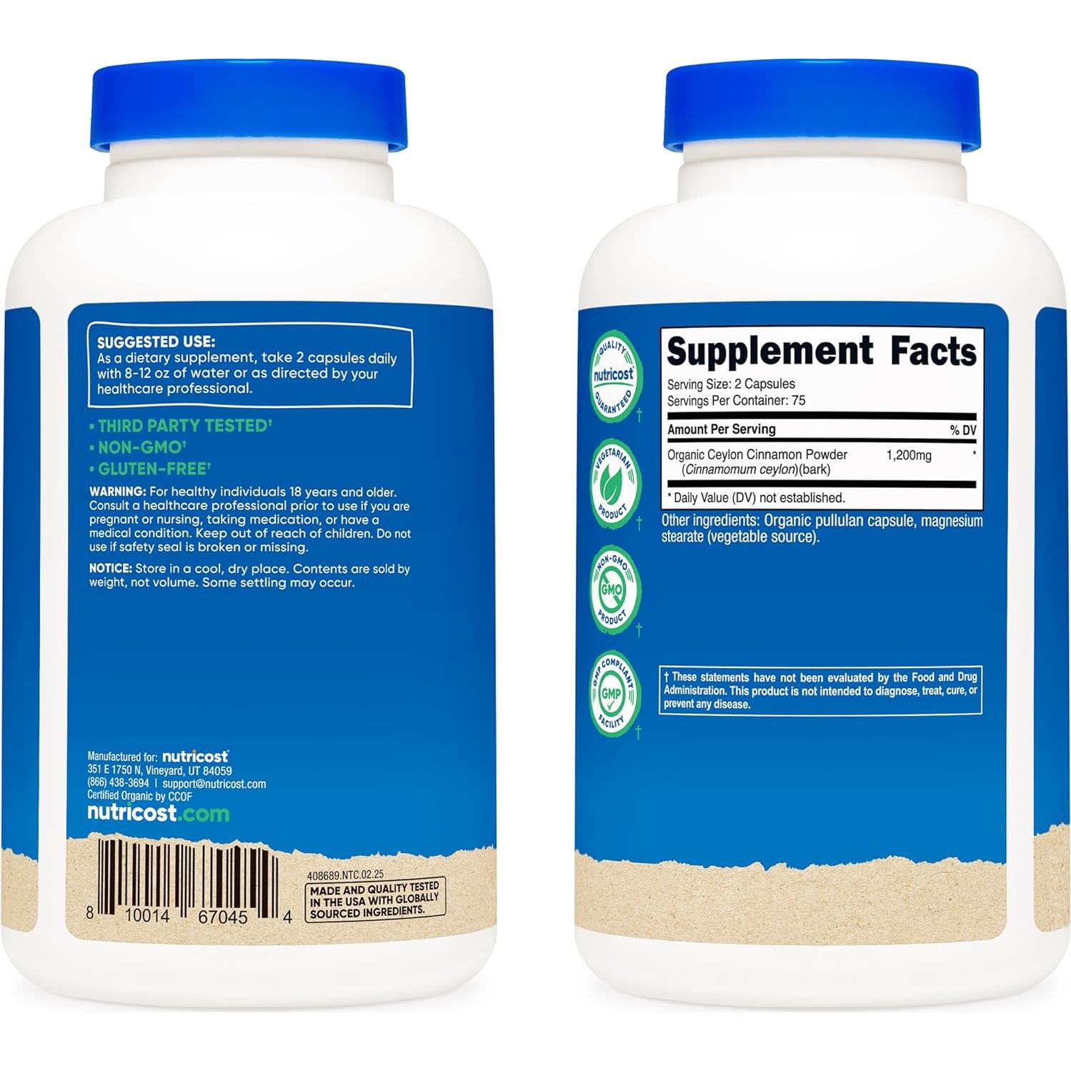 Suplemento de Canela Orgánica Nutricost 1200mg 150 Cápsulas