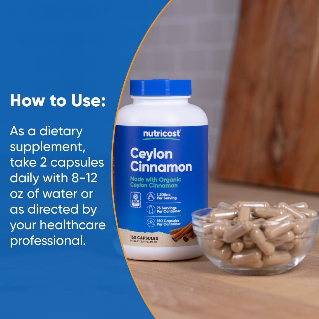 Suplemento de Canela Orgánica Nutricost 1200mg 150 Cápsulas