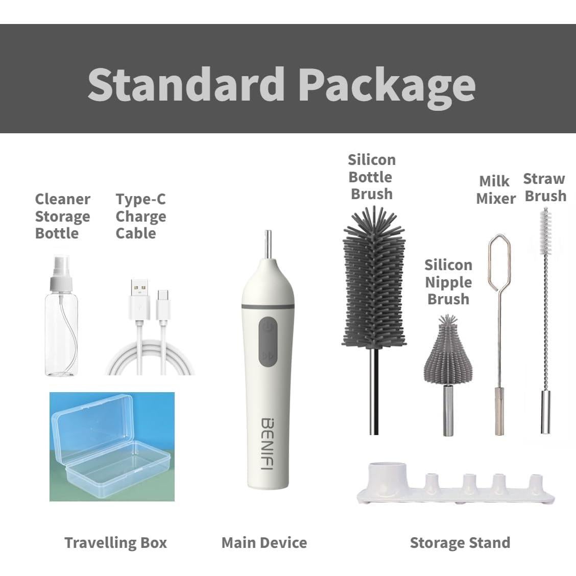 Juego de Cepillos Eléctricos Benifi para Botellas de Bebé - Gris