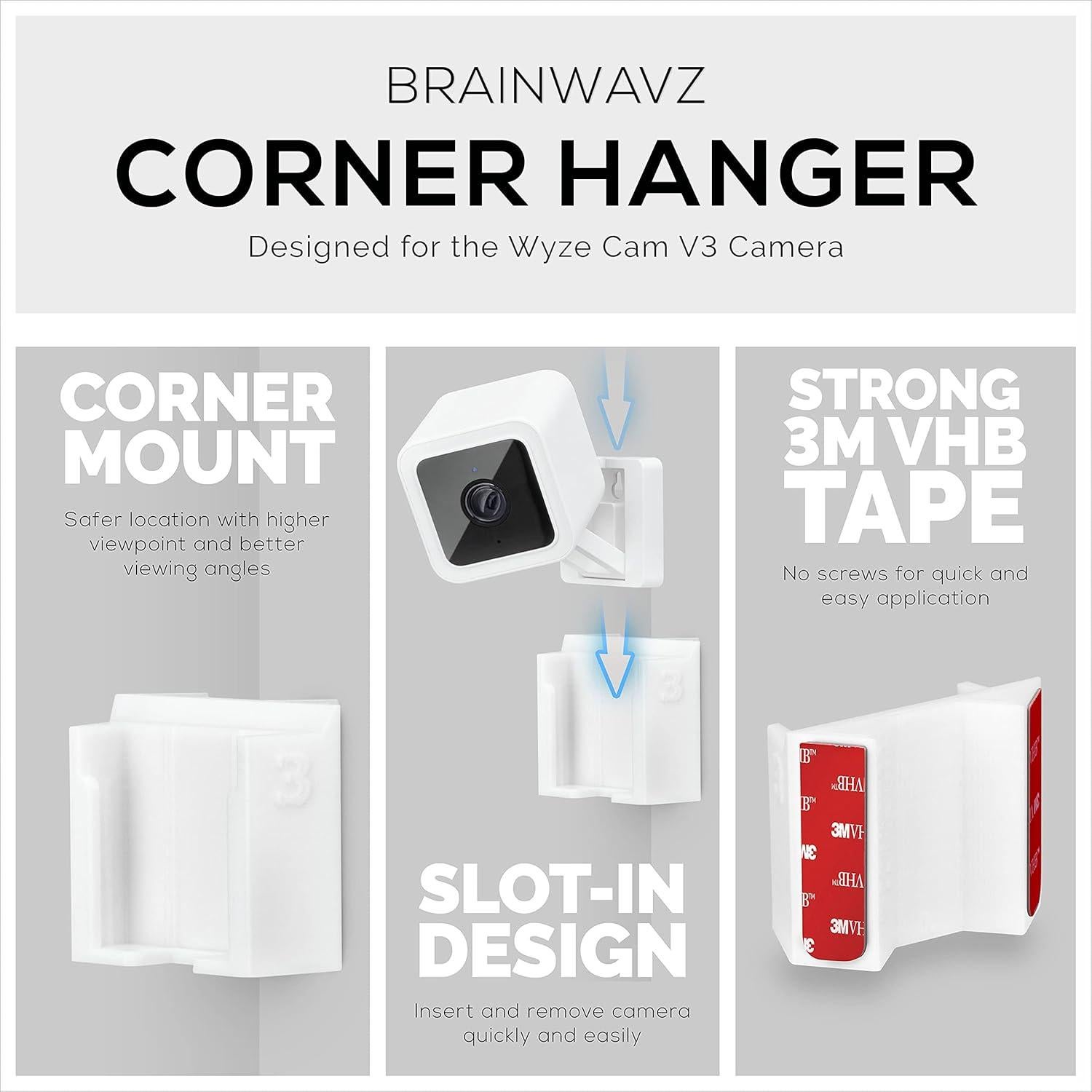 Soporte de esquina adhesivo BRAINWAVZ para Wyze Cam V3/V4 - Blanco