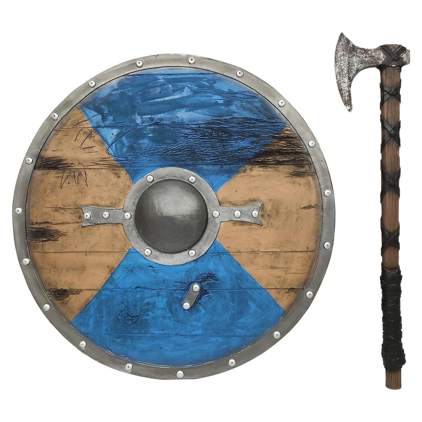 Escudo Redondo Vikingo LOOYAR 60cm + Hacha Mano Juguete