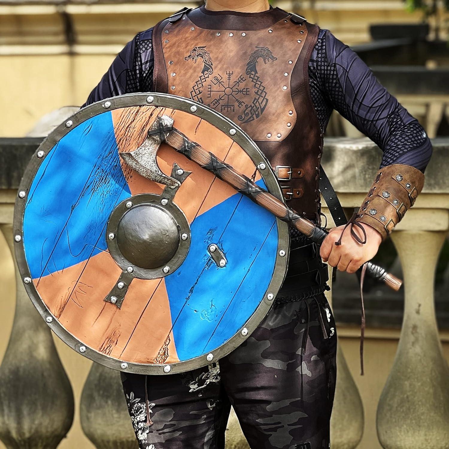 Escudo Redondo Vikingo LOOYAR 60cm + Hacha Mano Juguete