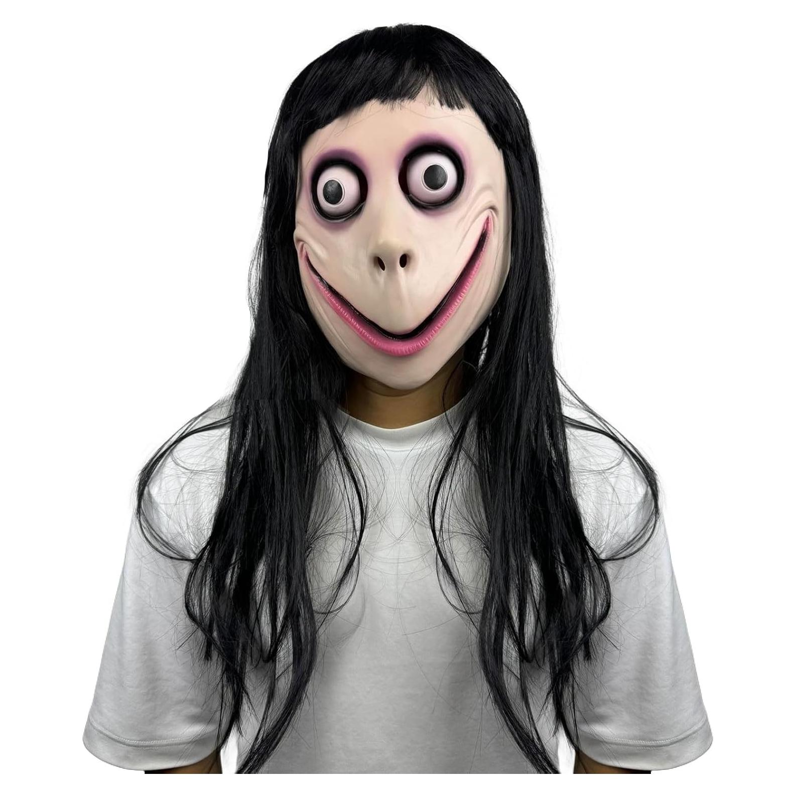 Máscara MOMO con peluca negra larga - Halloween y fiestas