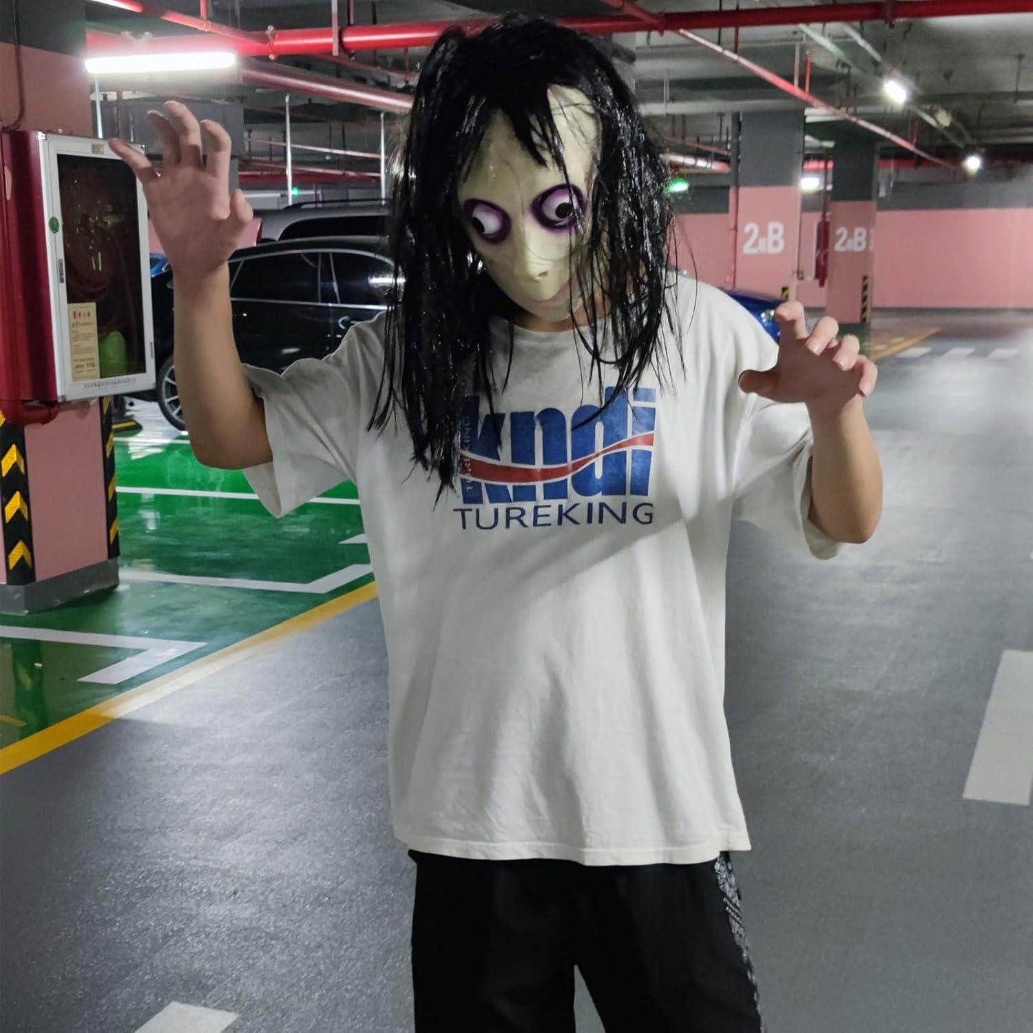 Máscara MOMO con peluca negra larga - Halloween y fiestas