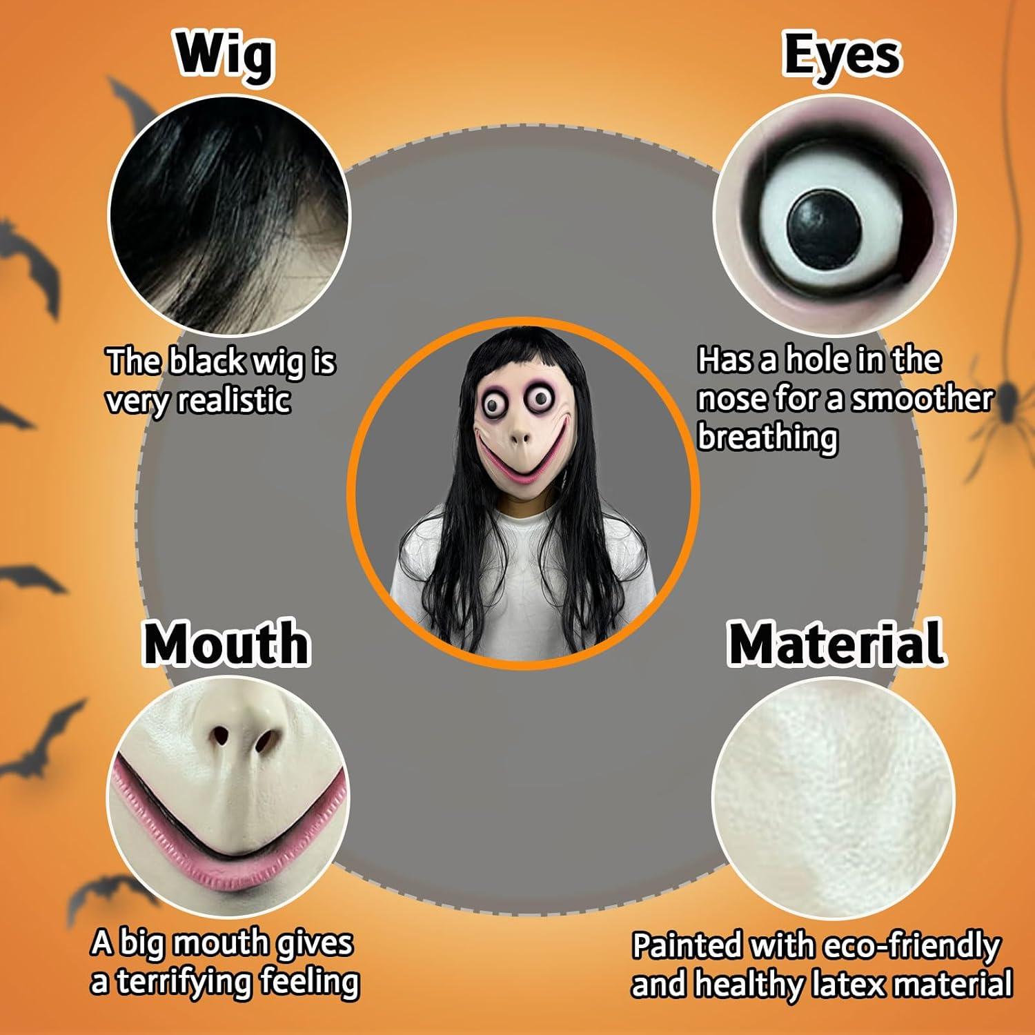 Máscara MOMO con peluca negra larga - Halloween y fiestas