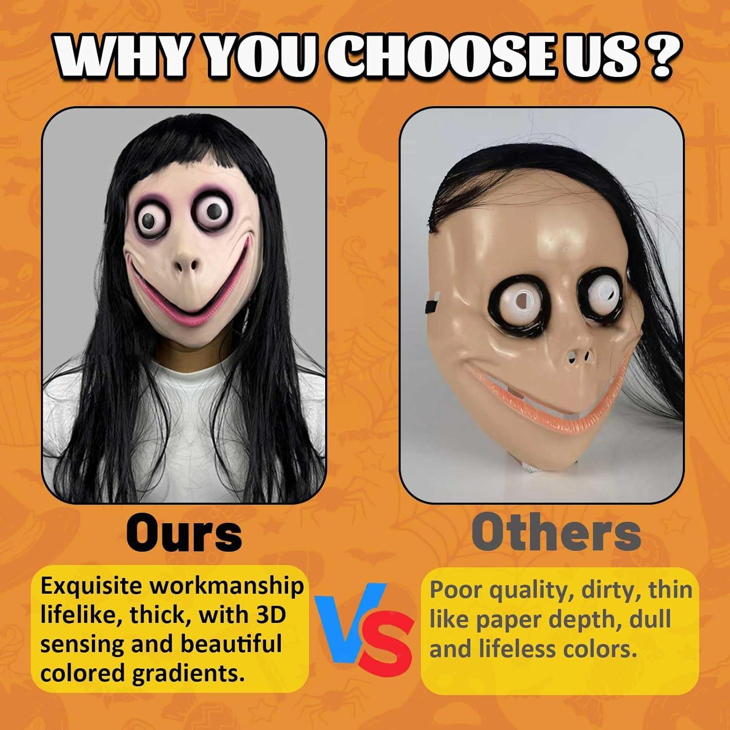 Máscara MOMO con peluca negra larga - Halloween y fiestas