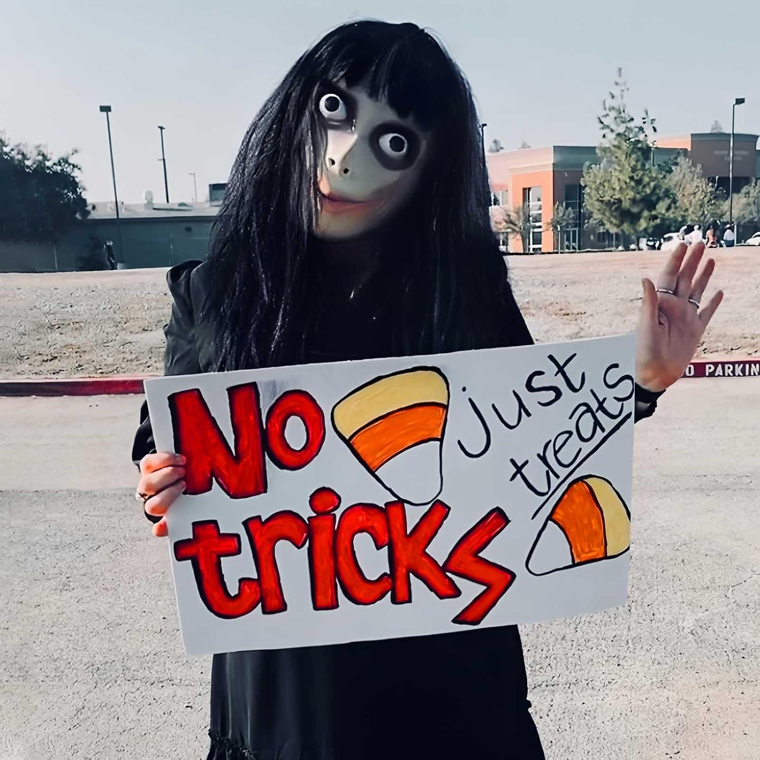 Máscara MOMO con peluca negra larga - Halloween y fiestas