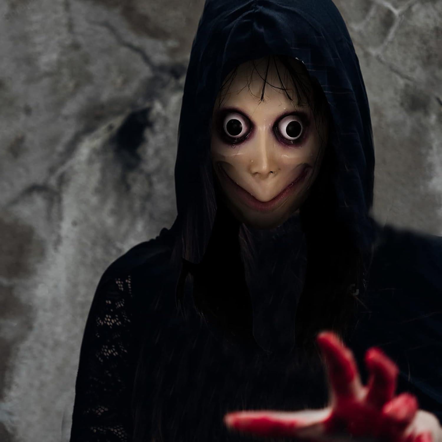 Máscara MOMO con peluca negra larga - Halloween y fiestas