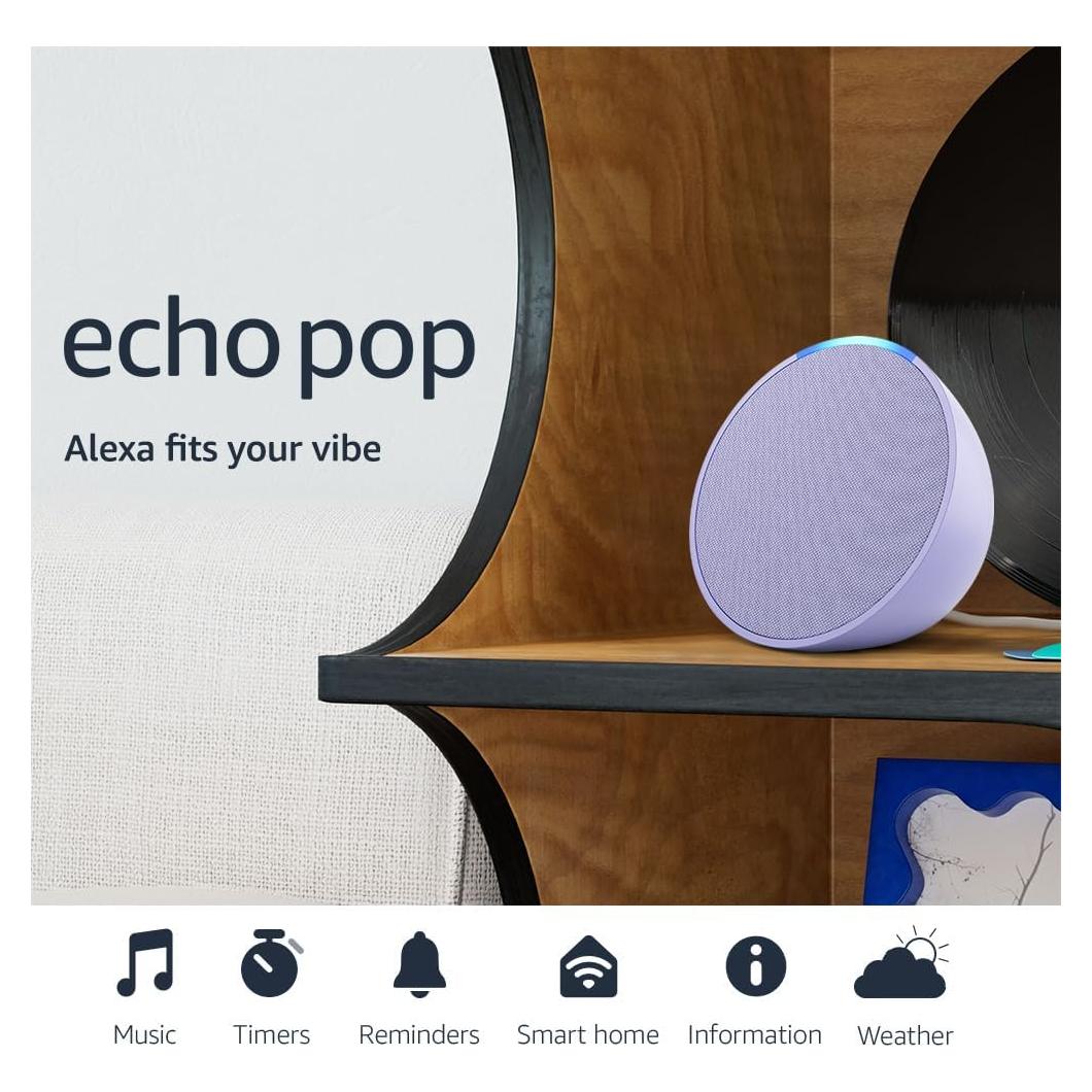 Amazon Echo Pop (newest model), Our smallest speaker with Alexa+ Early Access, Fits in any room, Lavender Bloom