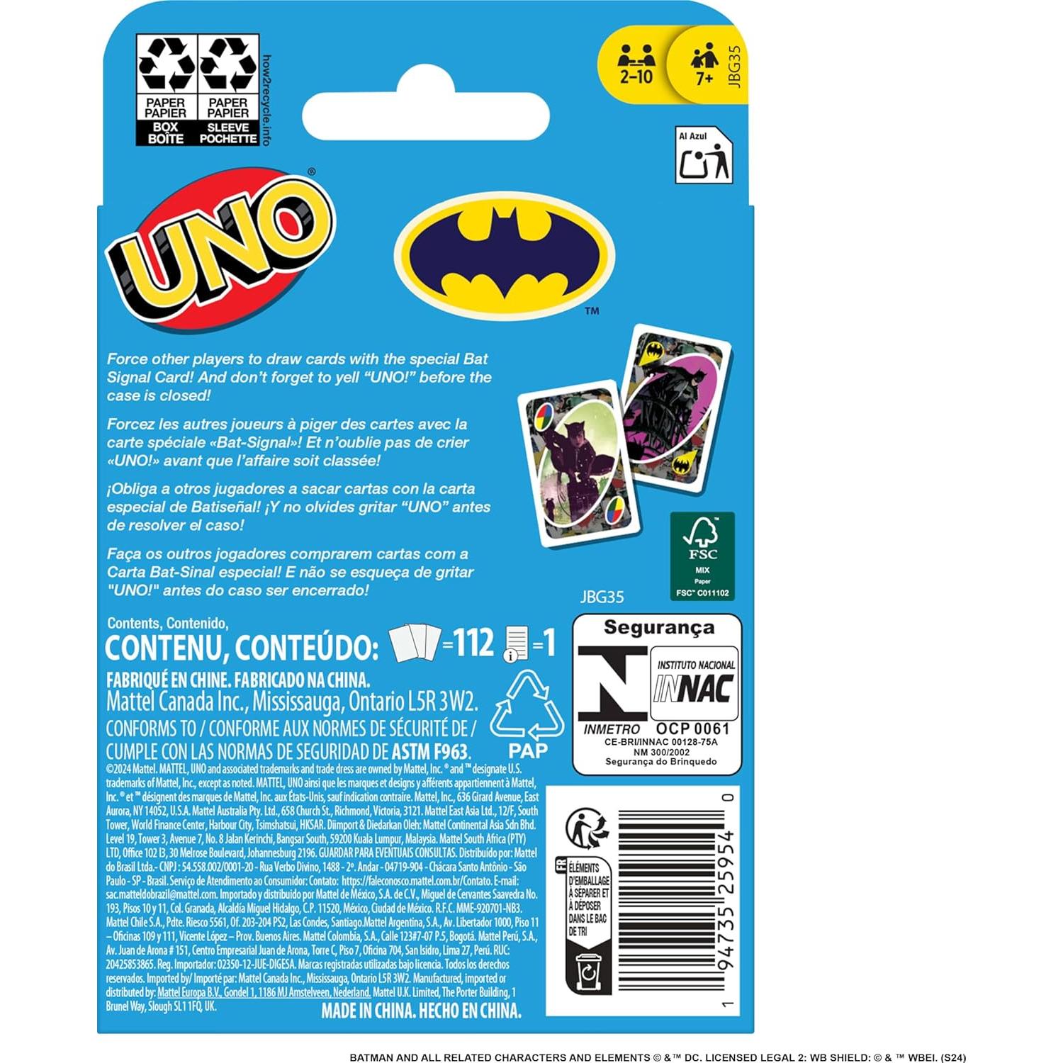 Juego de Cartas UNO Batman Mattel para Niños y Familias