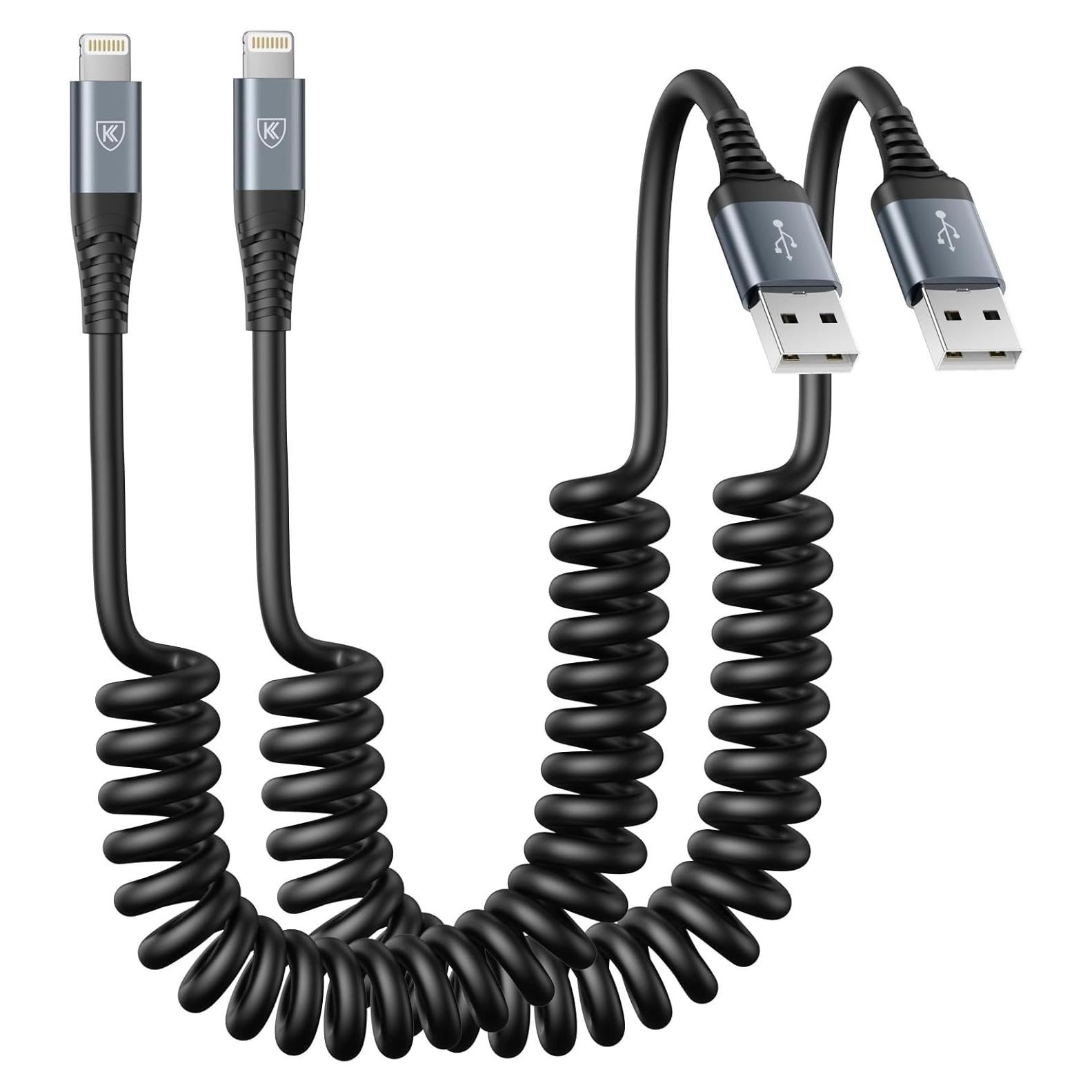 Cable de Carga Enrollado KIYODA 3FT Negro MFi para iPhone