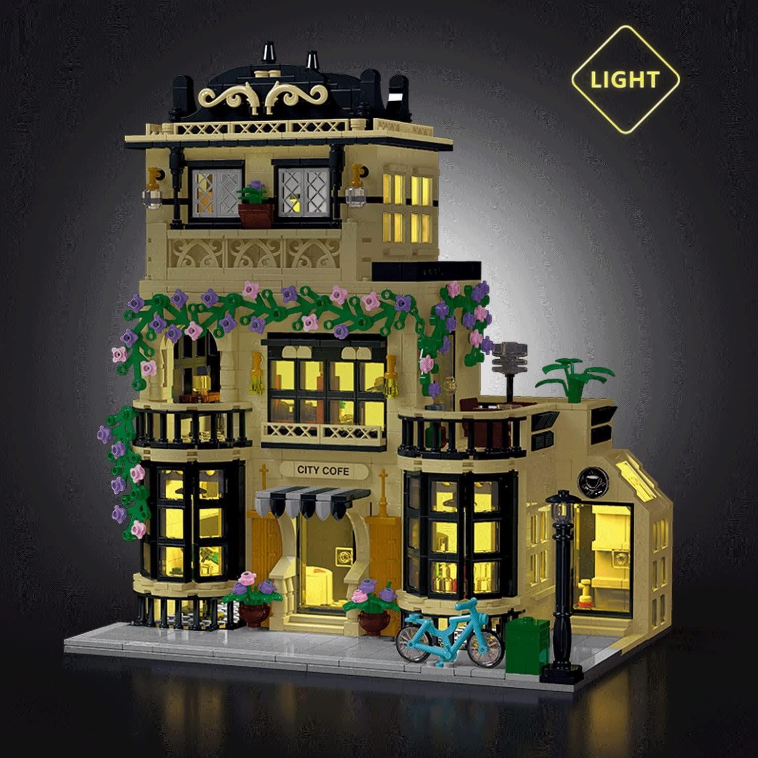 City Cafe Architecture Building Kit with LED Lights,3 Levels City Cafe Model Building Blocks Toy,for 12+Age Teen,Adult（1443 Pieces）