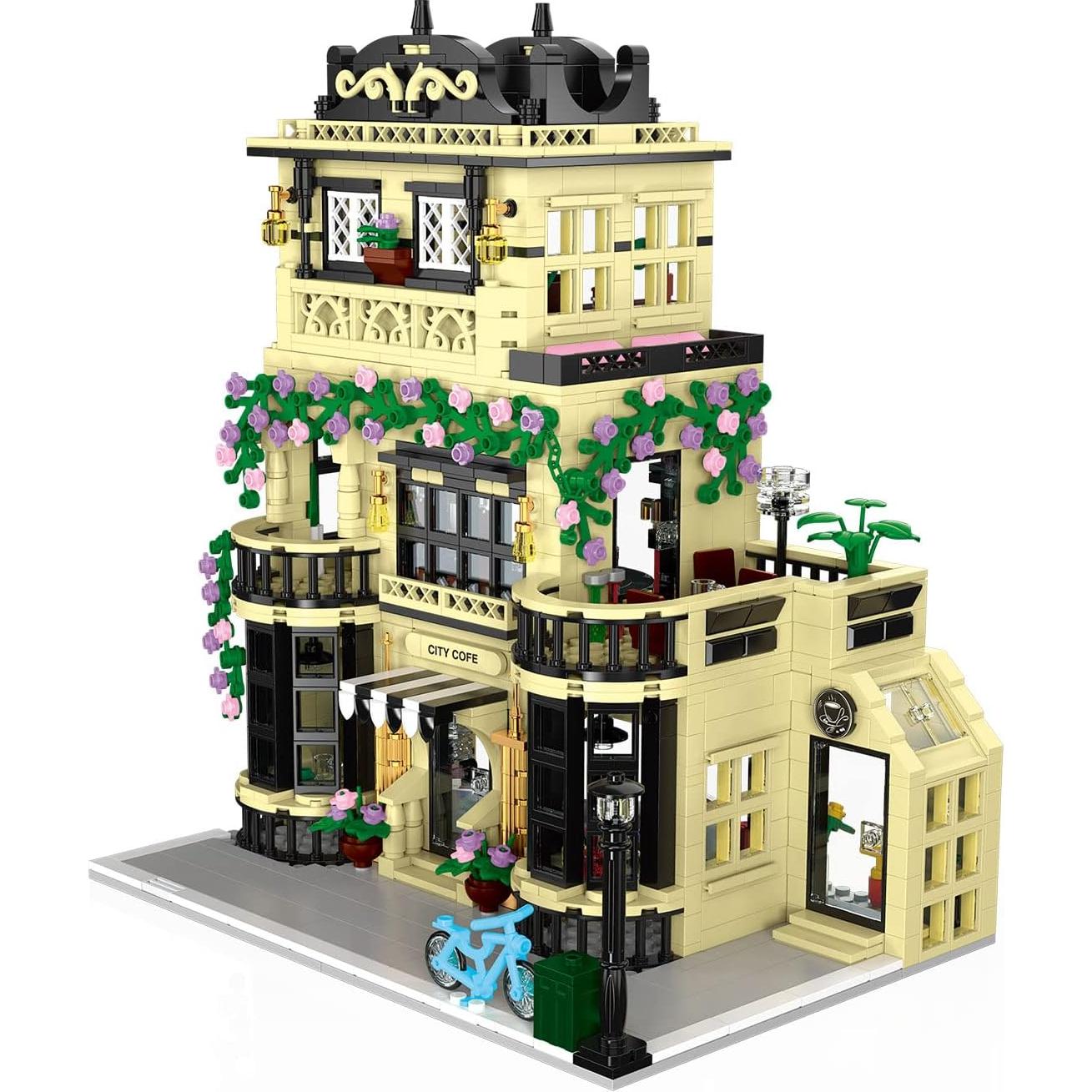 City Cafe Architecture Building Kit with LED Lights,3 Levels City Cafe Model Building Blocks Toy,for 12+Age Teen,Adult（1443 Pieces）