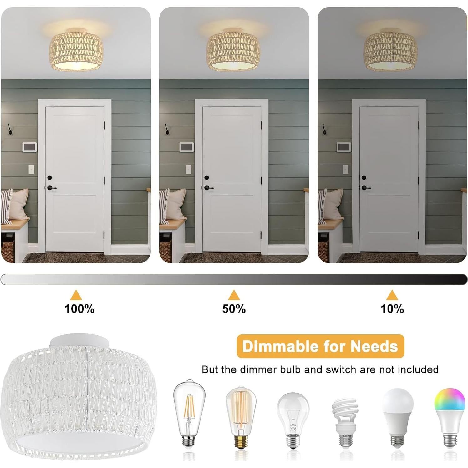 Luz de Techo Flush WILON de Rattan Blanco 1 Luz Dimmable