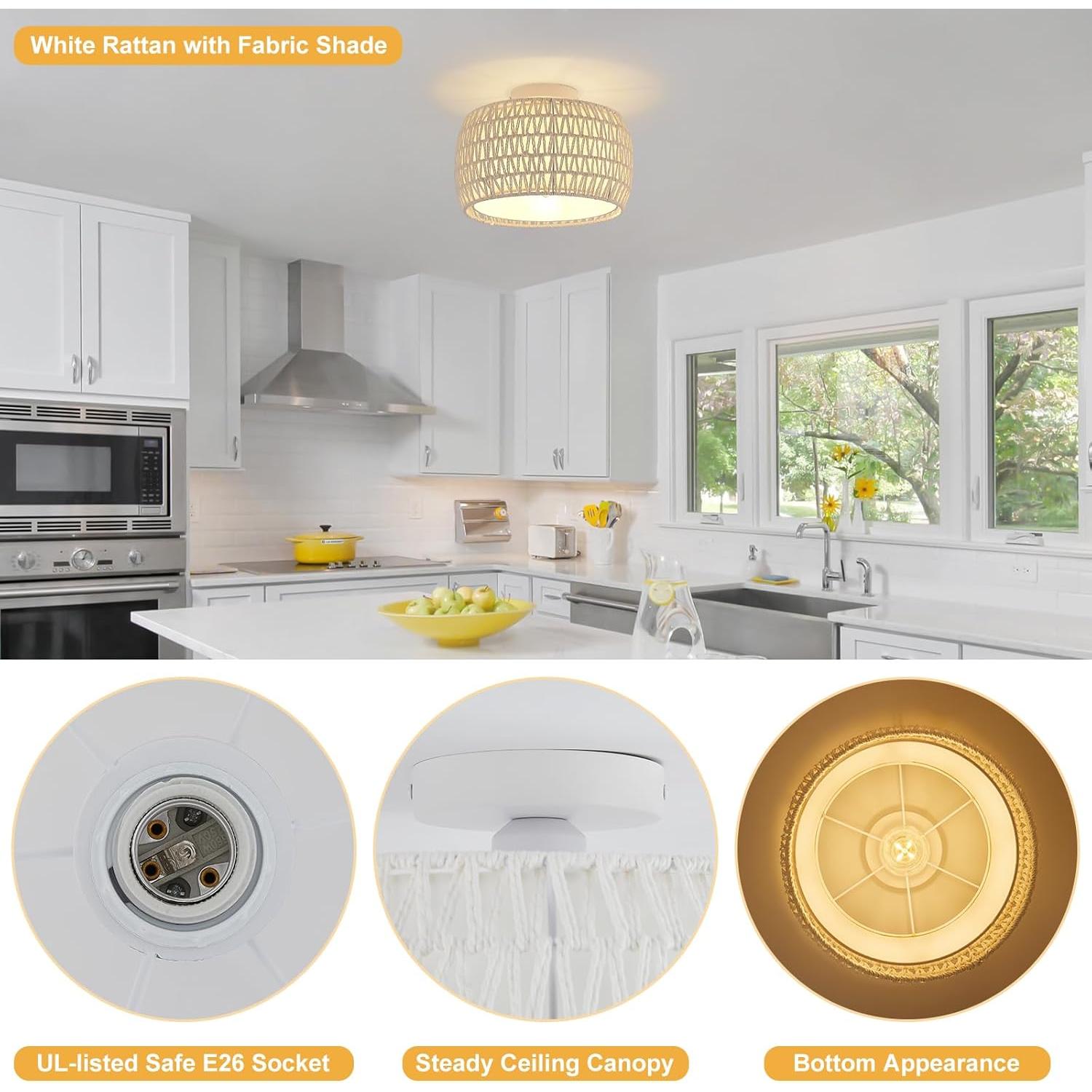 Luz de Techo Flush WILON de Rattan Blanco 1 Luz Dimmable