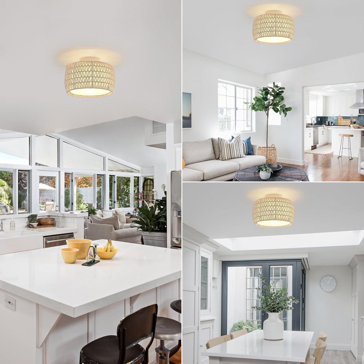 Luz de Techo Flush WILON de Rattan Blanco 1 Luz Dimmable