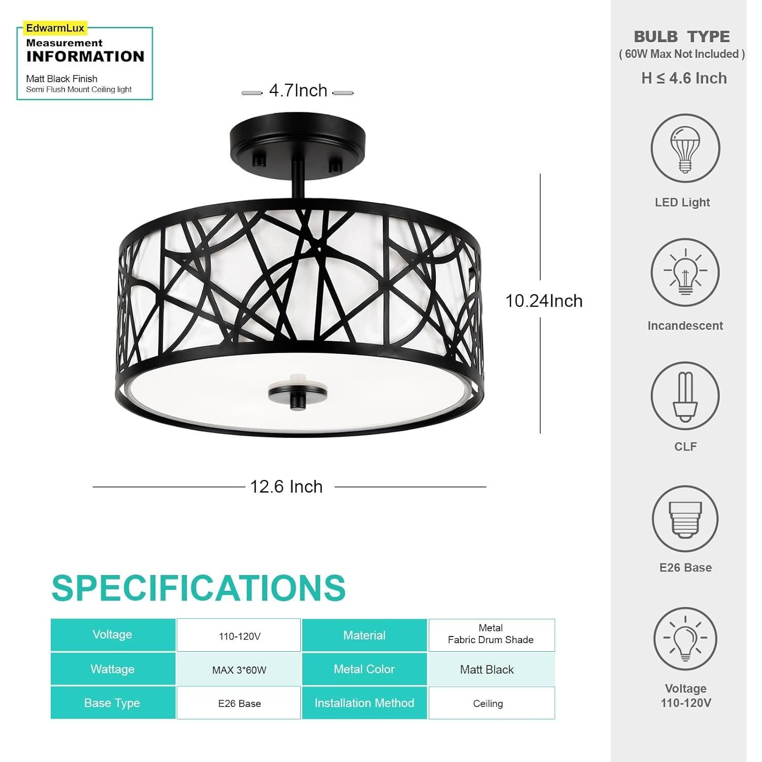 Luz de Techo Semi Flush EdwarmLux 3 Luces 32cm Negro Mate