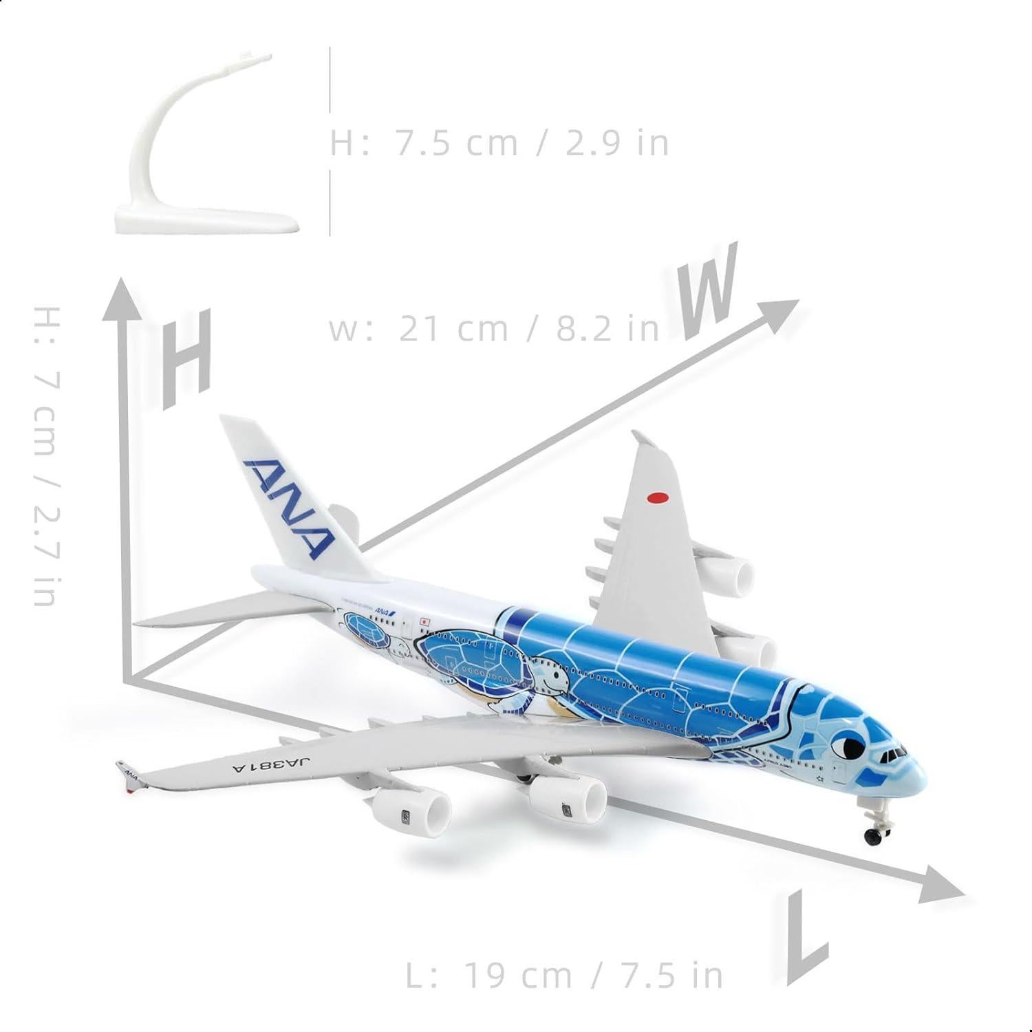 Modelo de avión Airbus A380 QIYUMOKE 1:300 Tortuga Azul