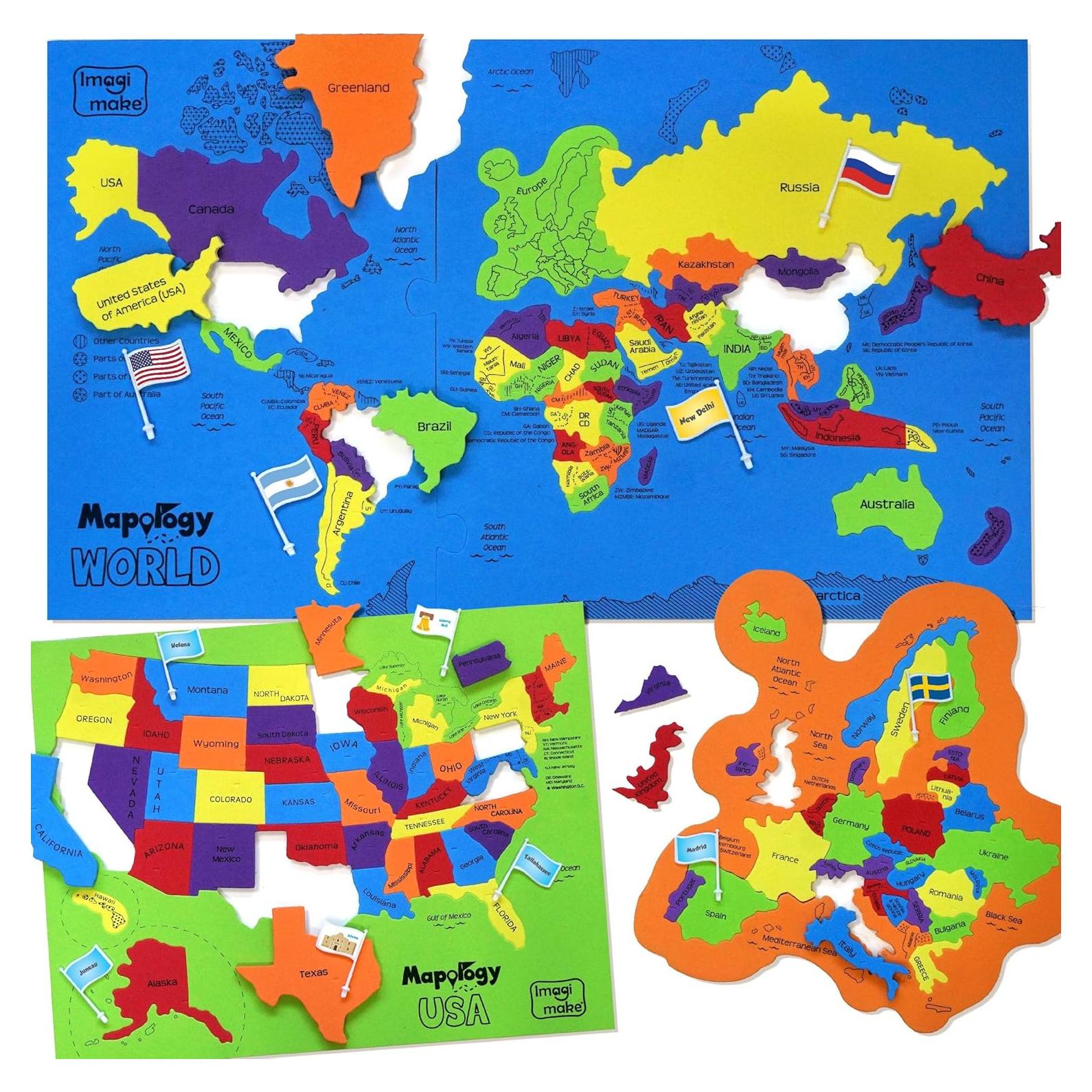 Imagimake Puzzle Mapa de EE. UU. y del Mundo con Banderas