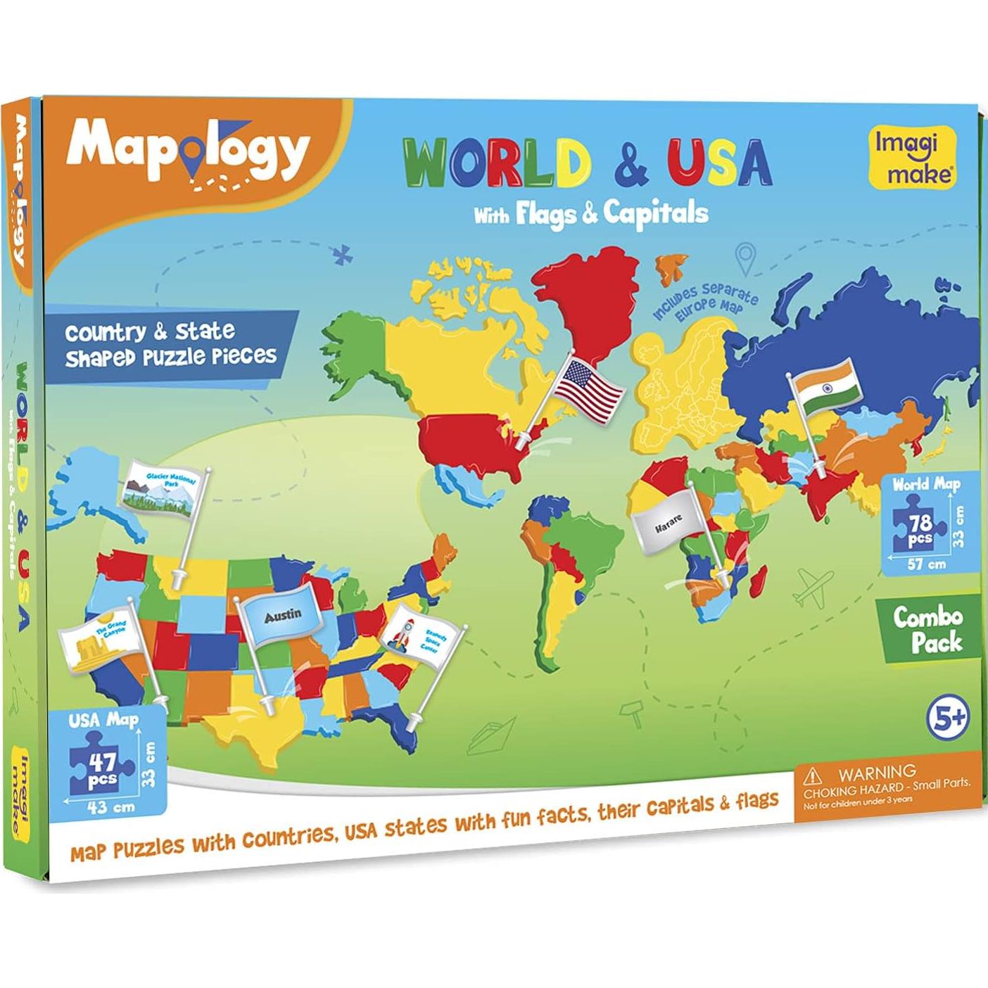 Imagimake Puzzle Mapa de EE. UU. y del Mundo con Banderas