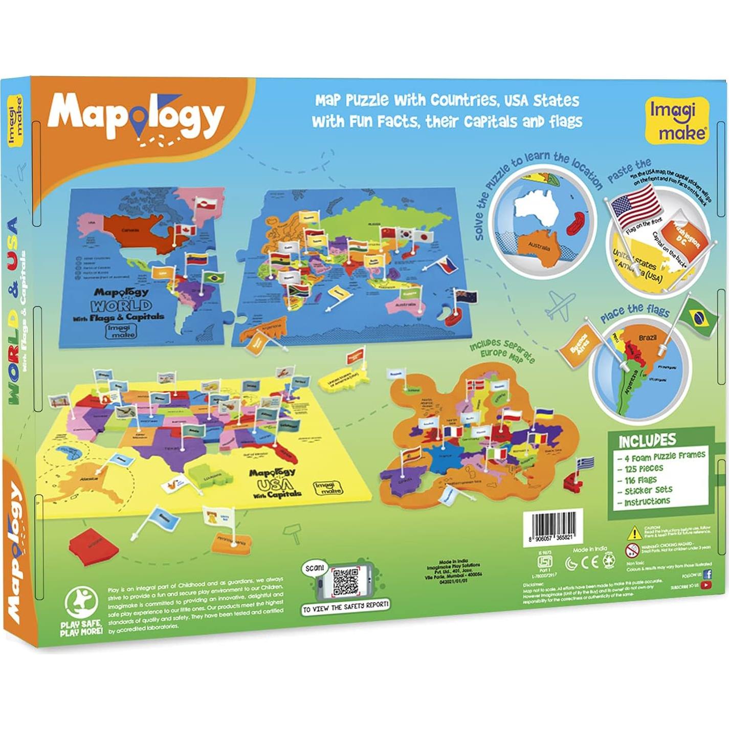 Imagimake Puzzle Mapa de EE. UU. y del Mundo con Banderas