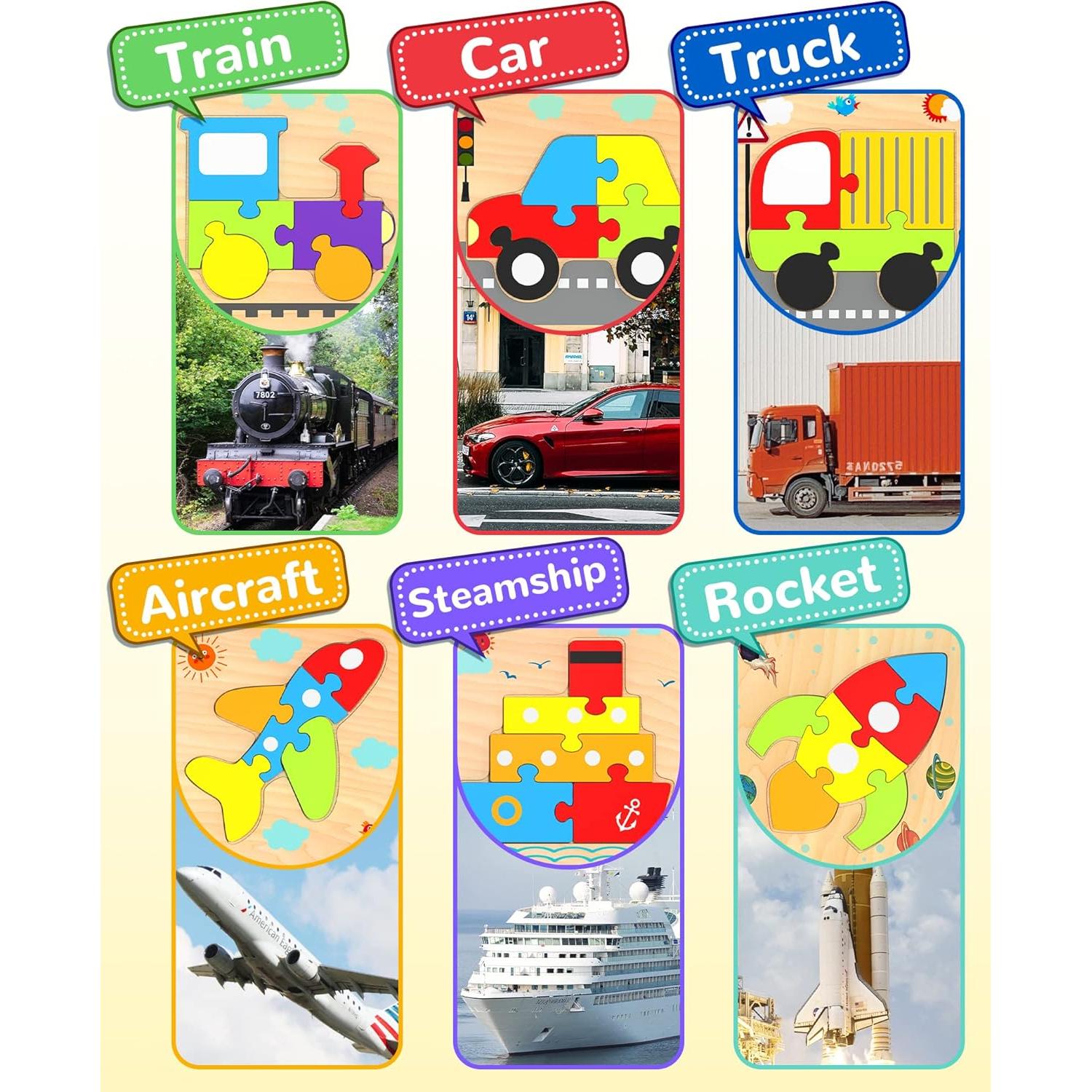 Rompecabezas de Madera Montessori Yetonamr 6 Piezas Vehículos