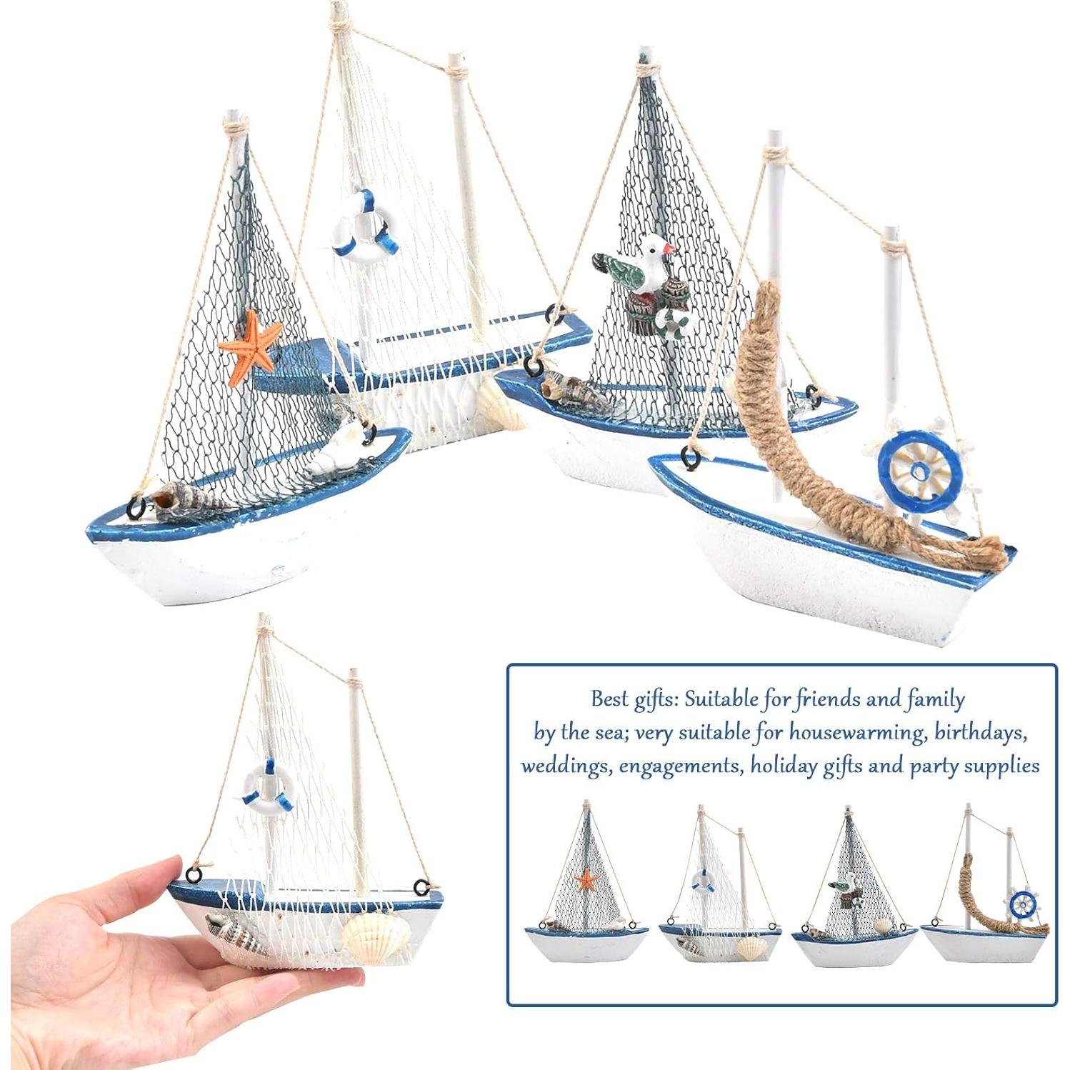 Set de 4 Veleros Decorativos de Madera BUYGO - Estilo Náutico