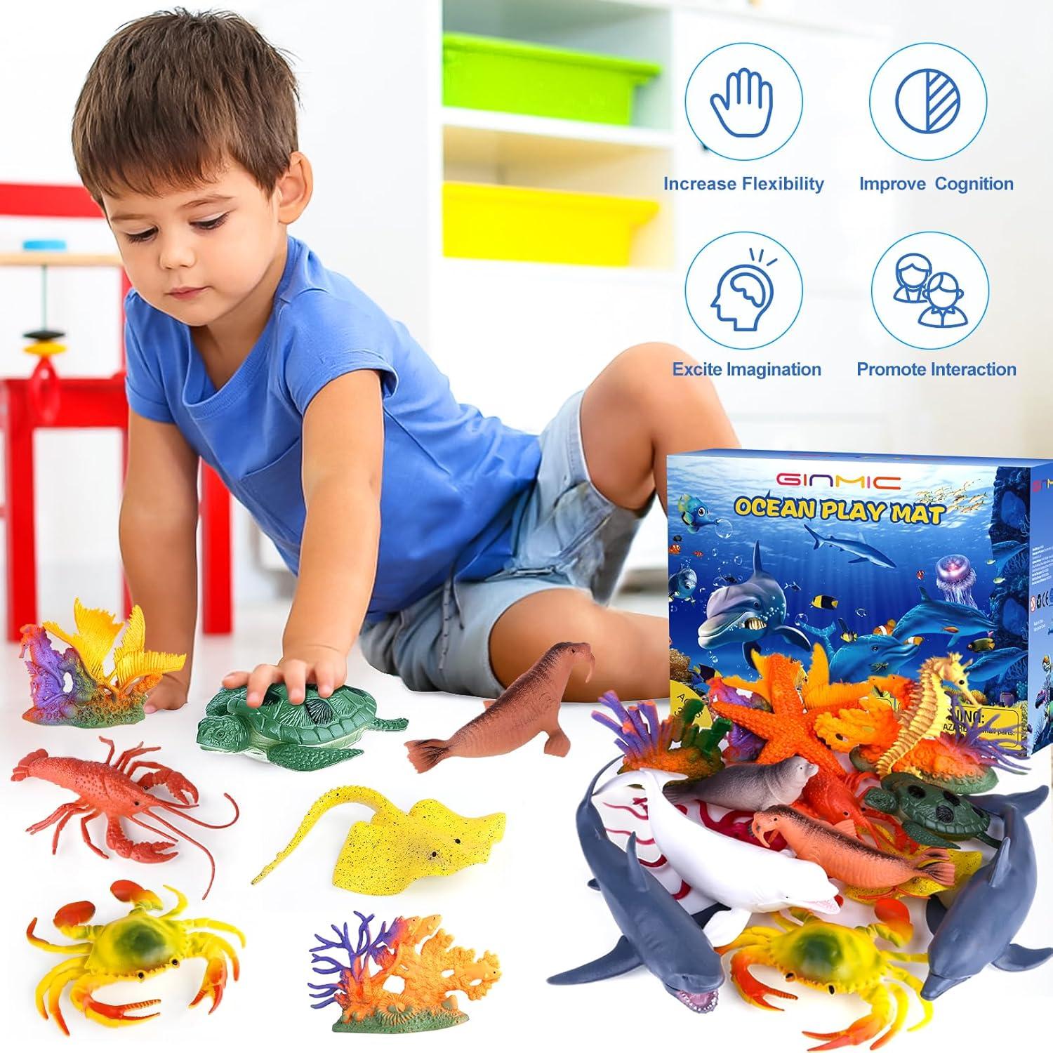 Juguetes de Animales Marinos GINMIC 18 Piezas con Alfombrilla