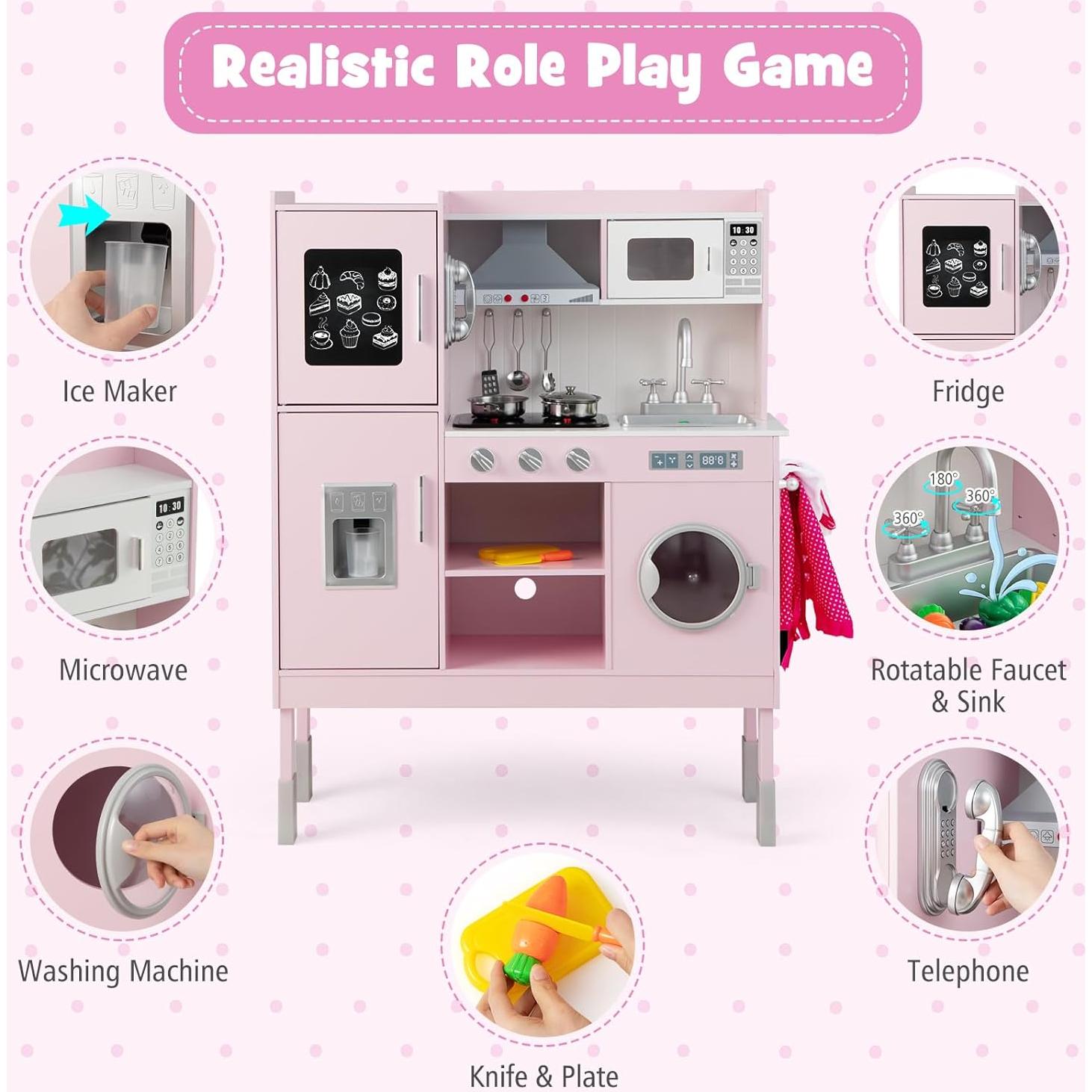 Juego de Cocina Infantil HONEY JOY Rosa con Utensilios y Accesorios